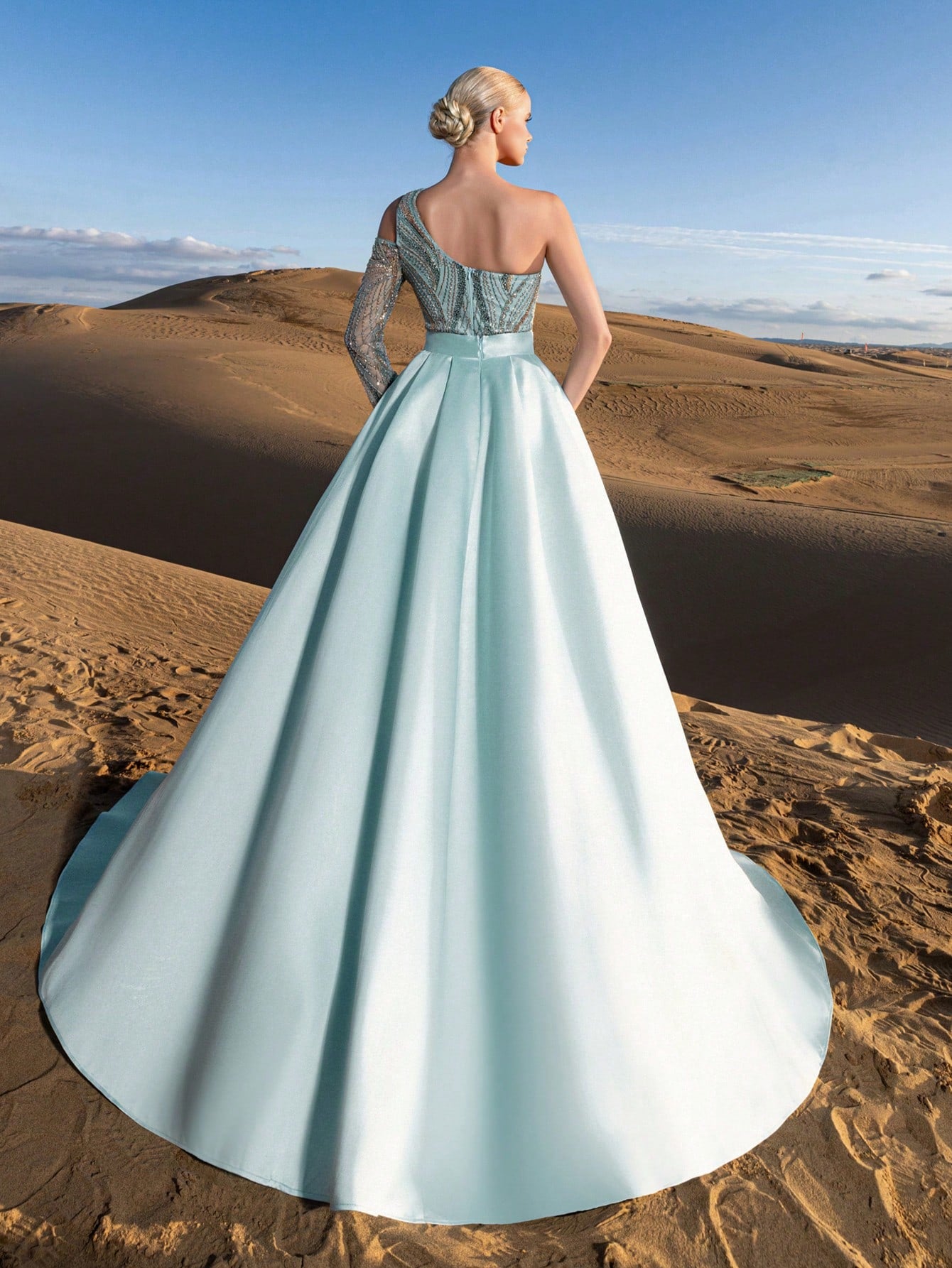 Luxury Two-Piece Beaded Evening Gown Set - Asymmetrical One-Shoulder Design with Sheer Sleeves, Gradient Beading & Shimmering Sequins, Mermaid Silhouette with Dramatic Train