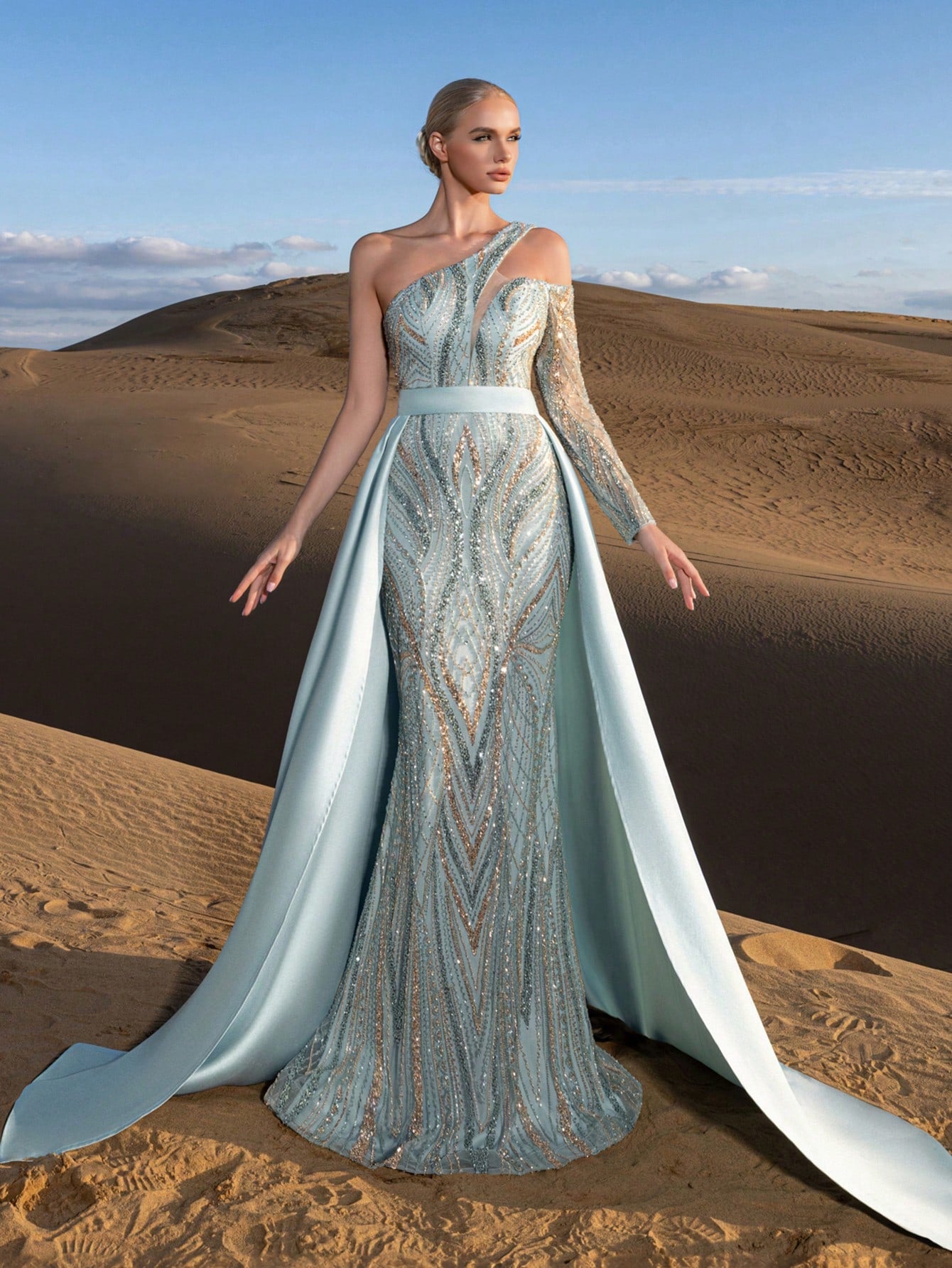 Luxury Two-Piece Beaded Evening Gown Set - Asymmetrical One-Shoulder Design with Sheer Sleeves, Gradient Beading & Shimmering Sequins, Mermaid Silhouette with Dramatic Train