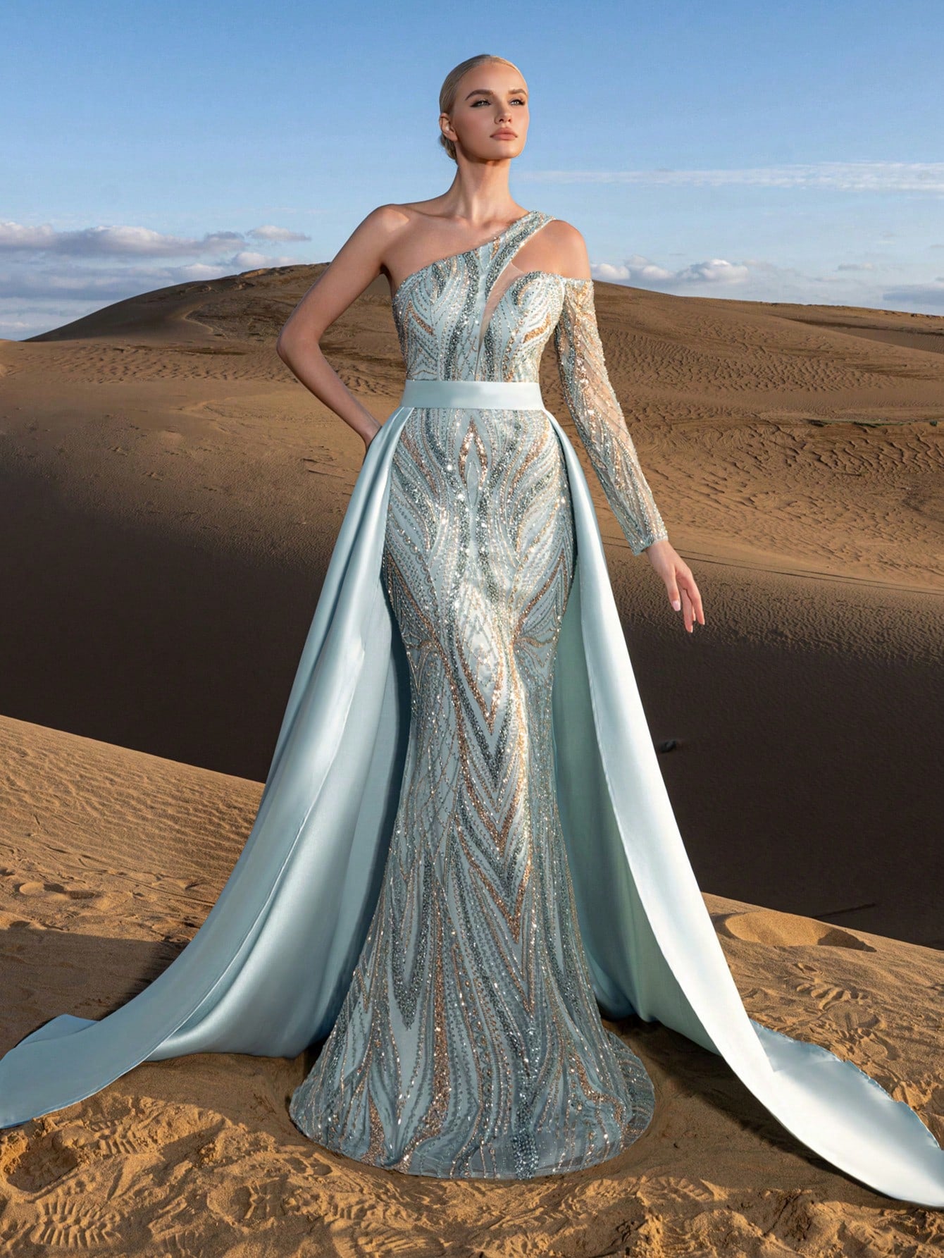 Luxury Two-Piece Beaded Evening Gown Set - Asymmetrical One-Shoulder Design with Sheer Sleeves, Gradient Beading & Shimmering Sequins, Mermaid Silhouette with Dramatic Train