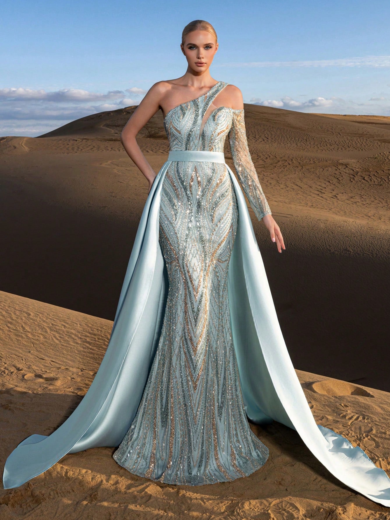 Luxury Two-Piece Beaded Evening Gown Set - Asymmetrical One-Shoulder Design with Sheer Sleeves, Gradient Beading & Shimmering Sequins, Mermaid Silhouette with Dramatic Train