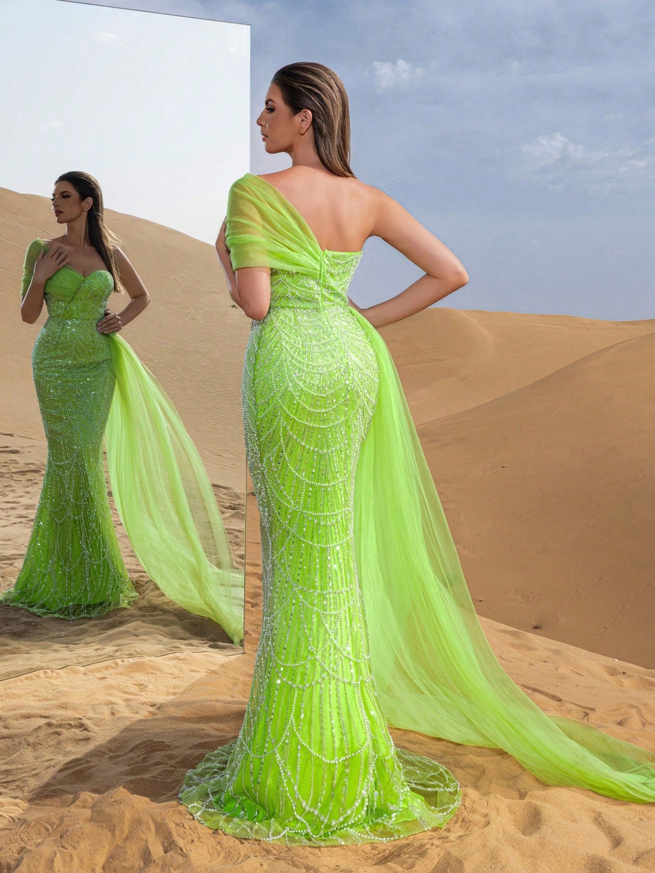 Asymmetrical One Shoulder Draped Side Sequin Prom Beaded Formal Dresses & Evening Gowns Dress & Embellished Dress