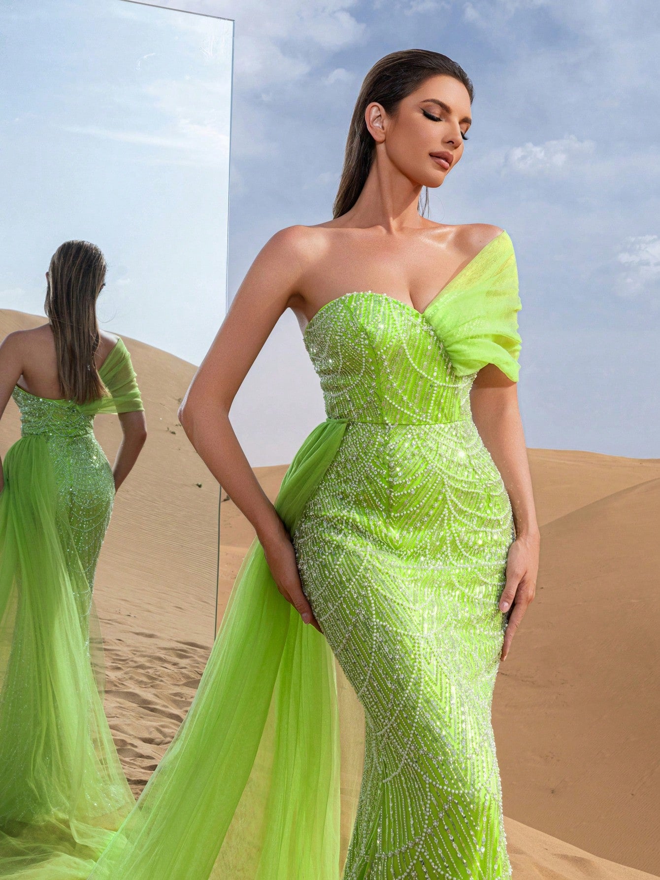 Asymmetrical One Shoulder Draped Side Sequin Prom Beaded Formal Dresses & Evening Gowns Dress & Embellished Dress
