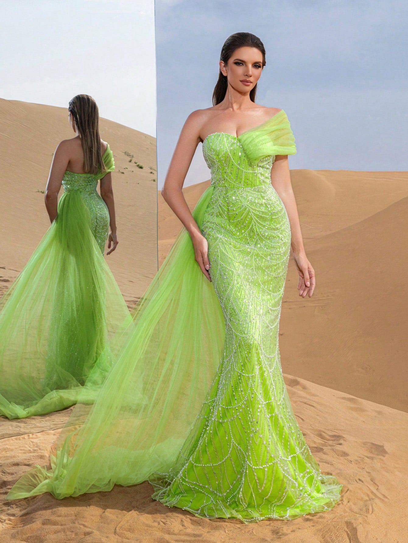 Asymmetrical One Shoulder Draped Side Sequin Prom Beaded Formal Dresses & Evening Gowns Dress & Embellished Dress