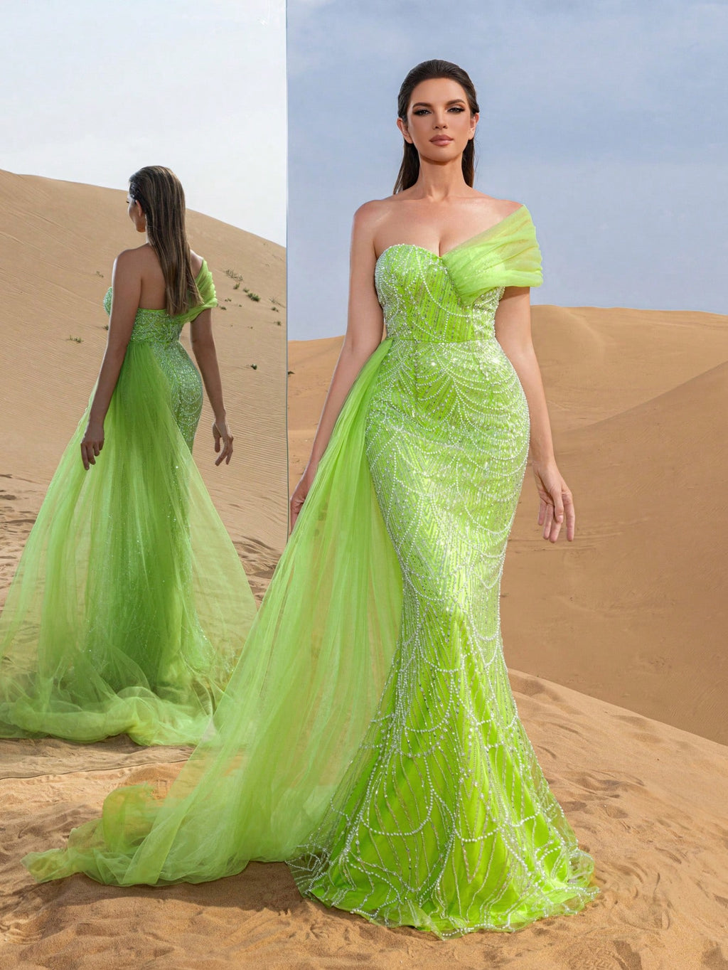 Asymmetrical One Shoulder Draped Side Sequin Prom Beaded Formal Dresses & Evening Gowns Dress & Embellished Dress