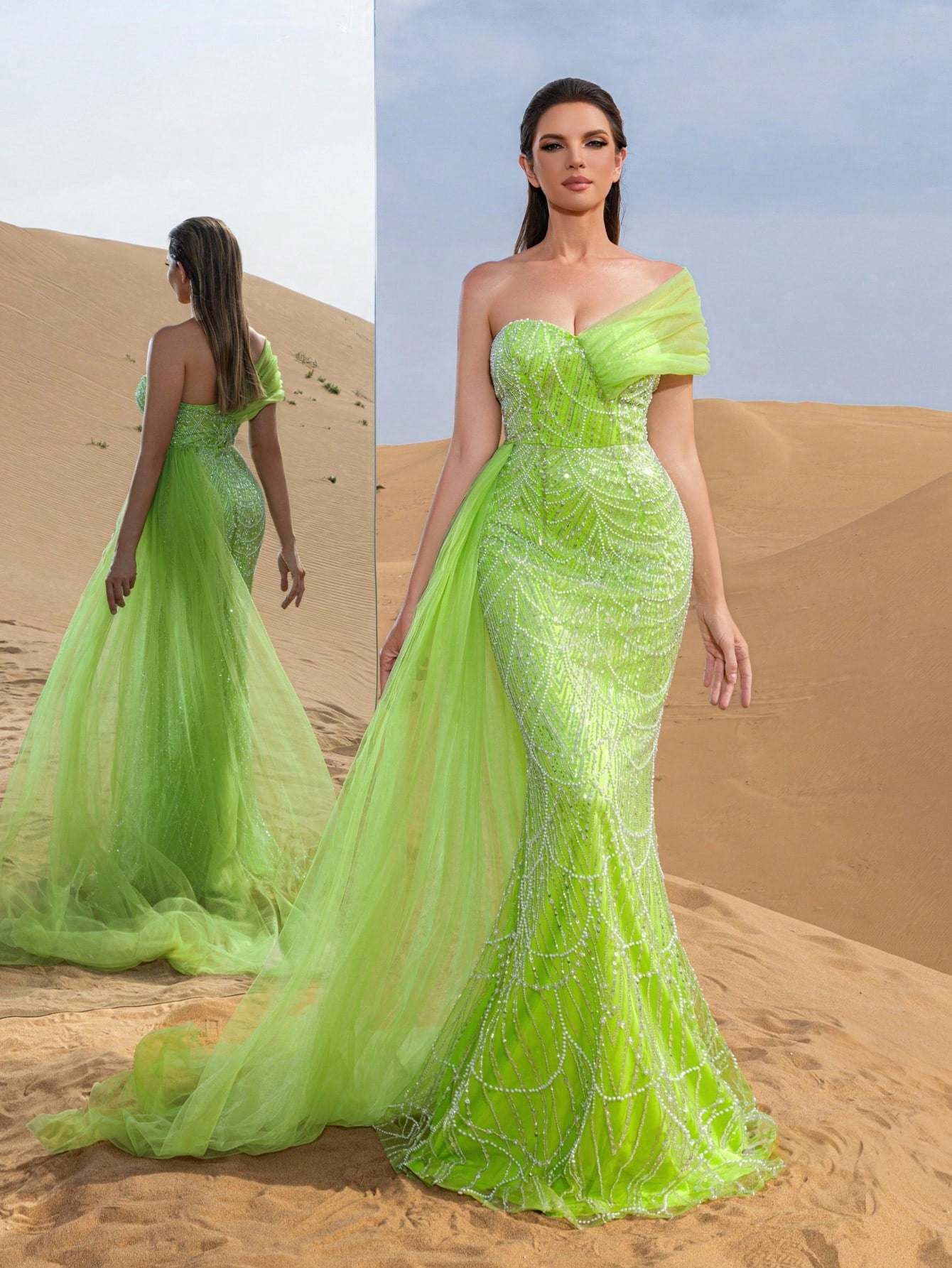 Asymmetrical One Shoulder Draped Side Sequin Prom Beaded Formal Dresses & Evening Gowns Dress & Embellished Dress