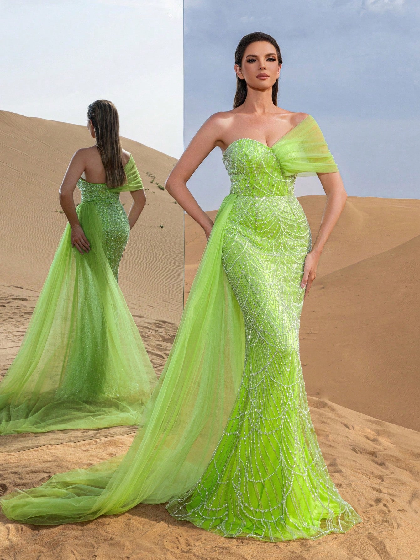 Asymmetrical One Shoulder Draped Side Sequin Prom Beaded Formal Dresses & Evening Gowns Dress & Embellished Dress
