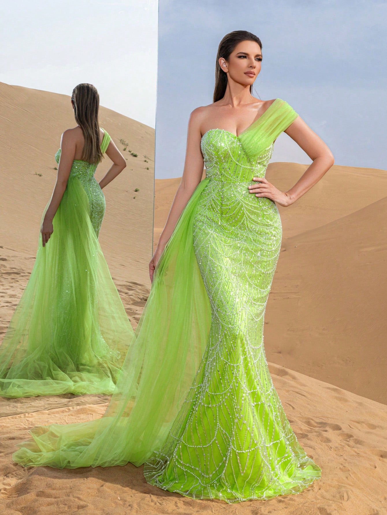 Asymmetrical One Shoulder Draped Side Sequin Prom Beaded Formal Dresses & Evening Gowns Dress & Embellished Dress