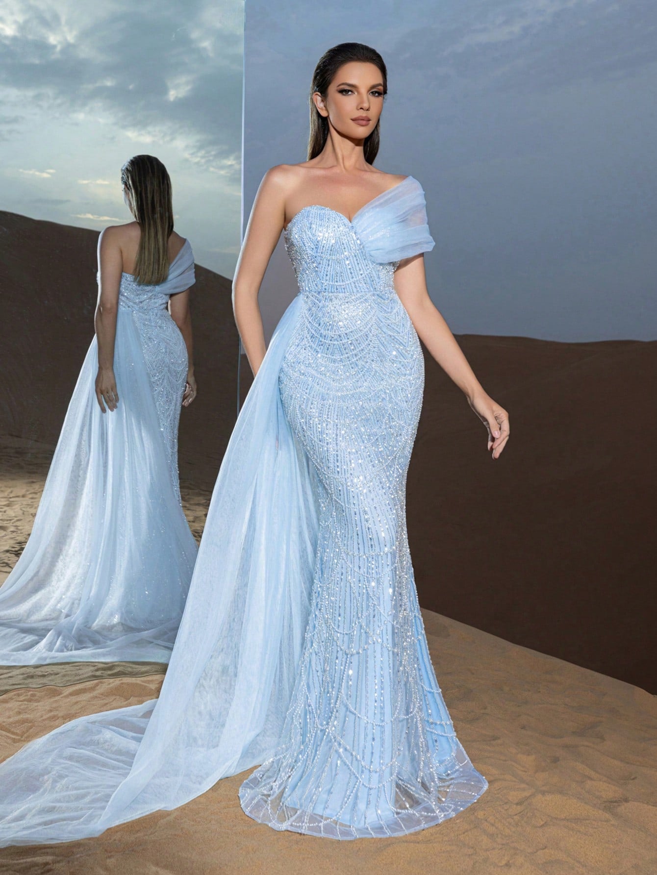 Asymmetrical One Shoulder Draped Side Sequin Prom Beaded Formal Dresses & Evening Gowns Dress & Embellished Dress