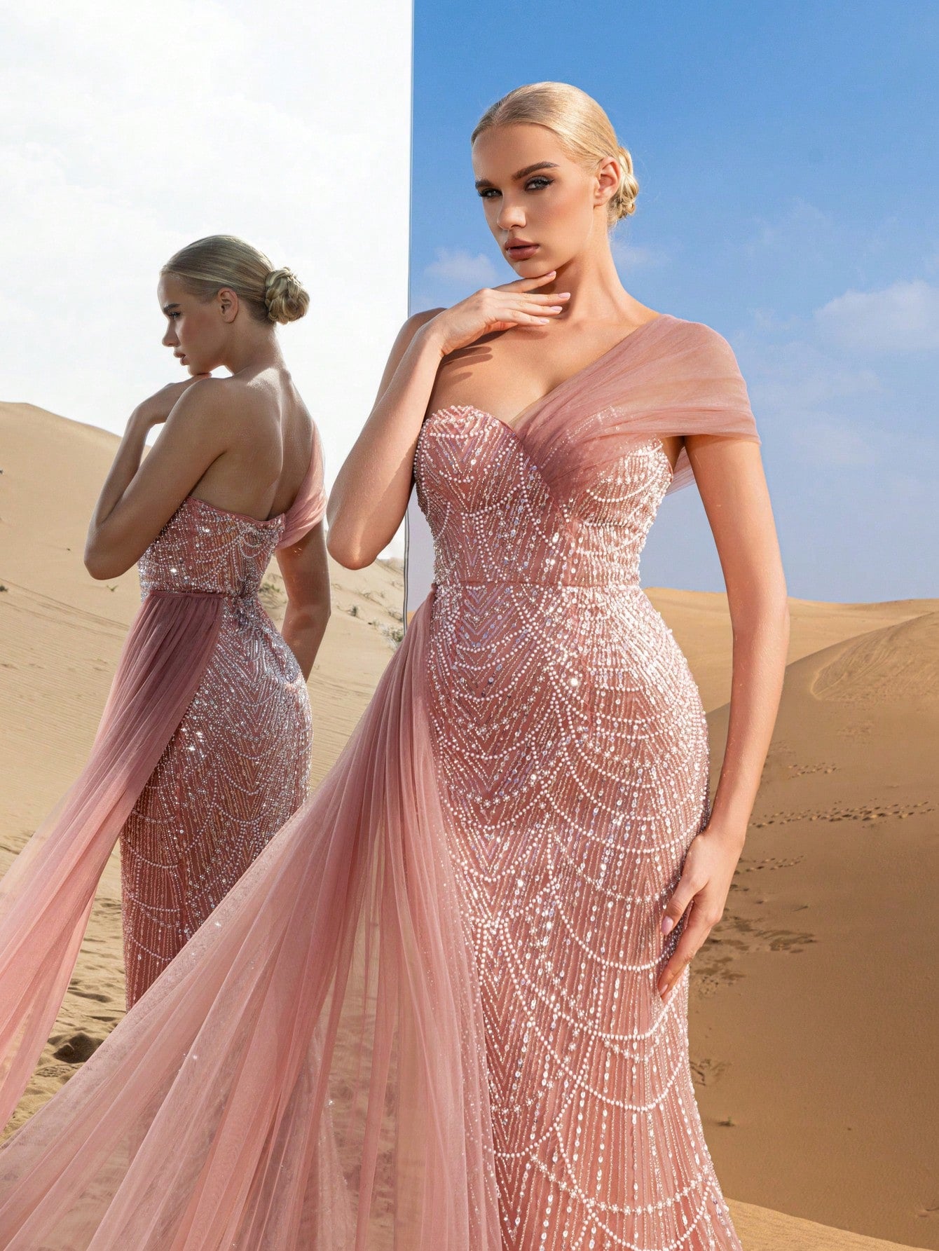 Asymmetrical One Shoulder Draped Side Sequin Prom Beaded Formal Dresses & Evening Gowns Dress & Embellished Dress
