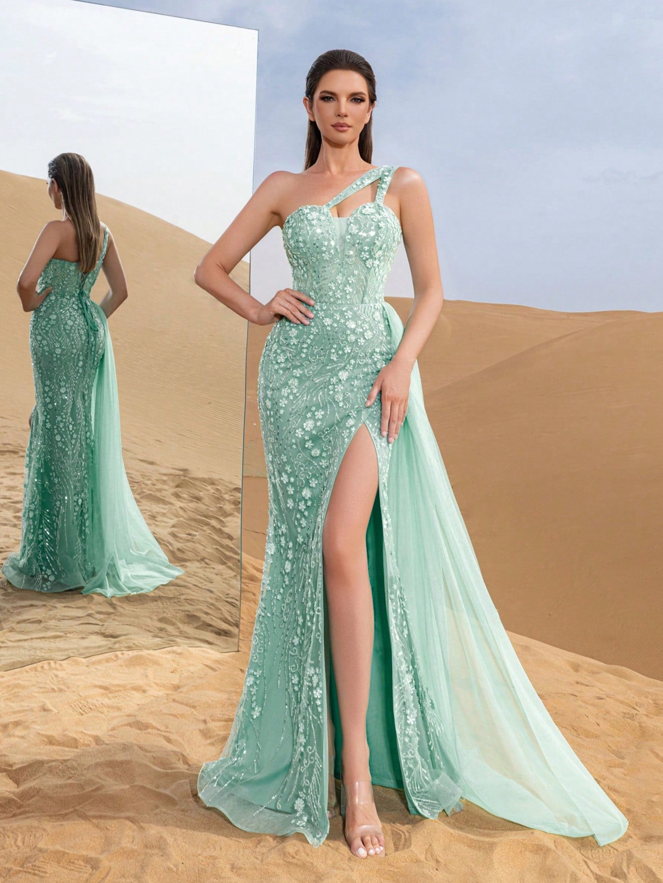 Gorgeous Asymmetric Neckline Floral Sequins Beaded Formal Dresses & Evening Gowns