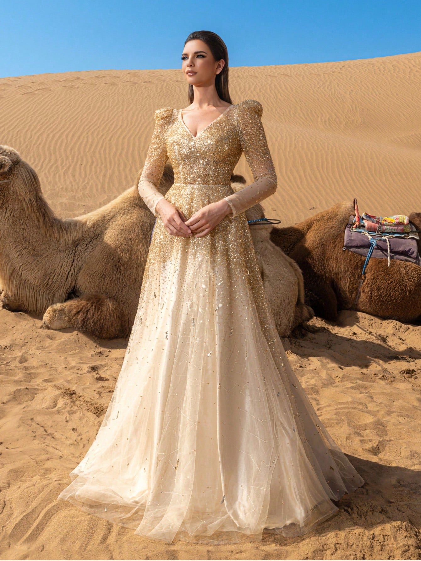 Luxury Backless Sheer Sleeves Beaded Formal Ball Dress & Evening Gowns