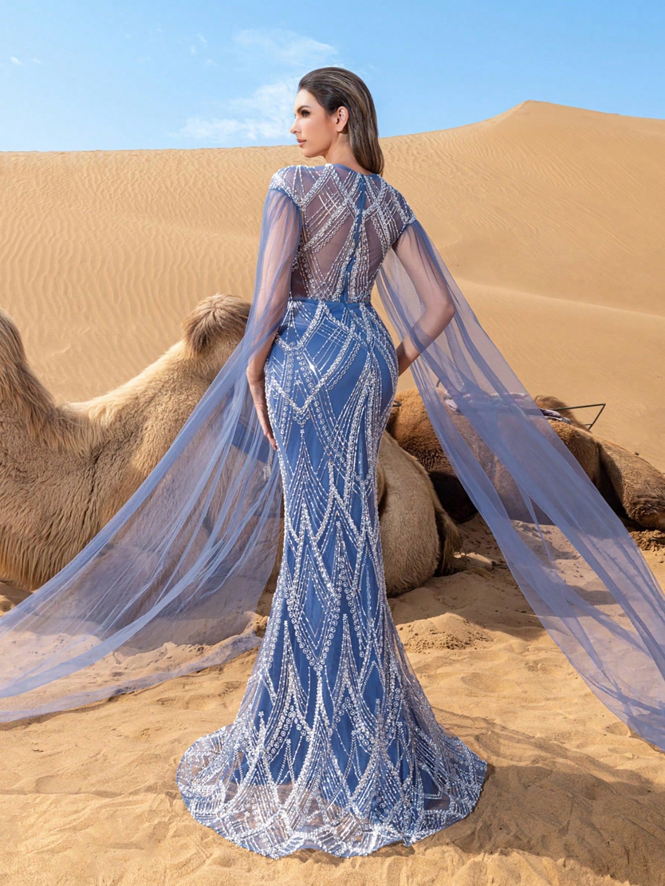 Elegant Sheer Cape Sleeves Mermaid Hem Beaded Sequin Formal Dress & Evening Gowns