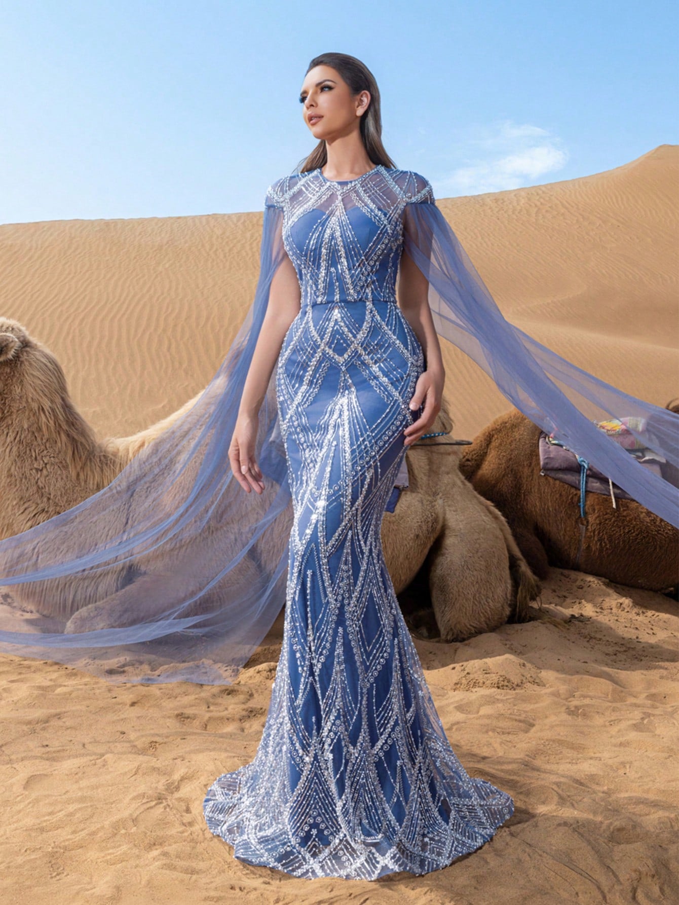 Elegant Sheer Cape Sleeves Mermaid Hem Beaded Sequin Formal Dress & Evening Gowns