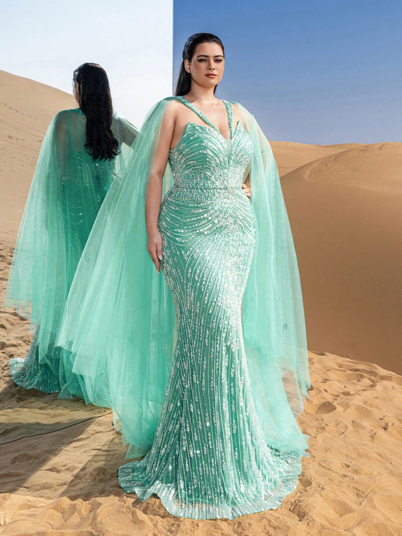 Plus Gorgeous Mermaid Hem Tulle Overlay Beaded Formal Dresses & Evening Gowns