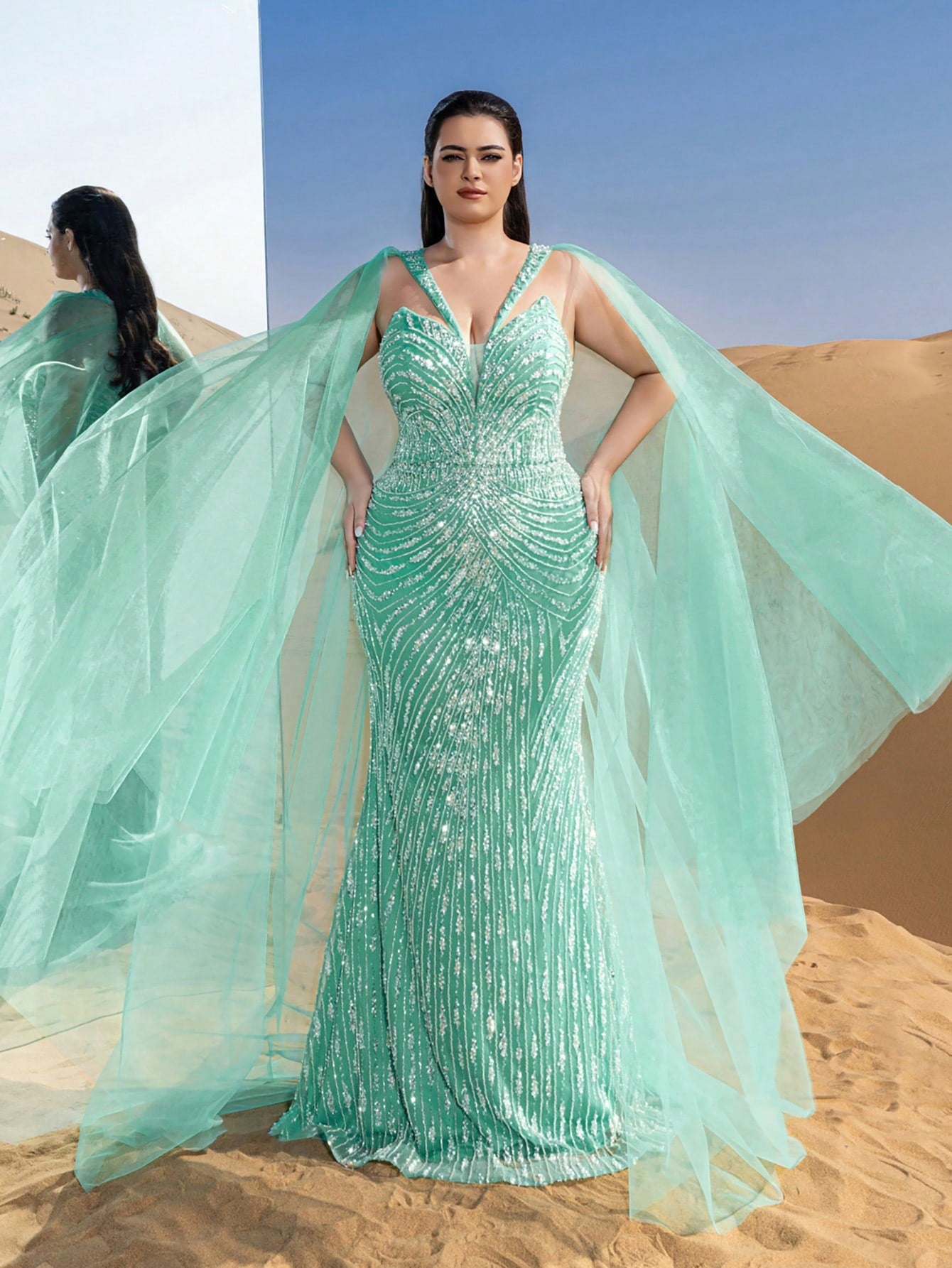 Plus Gorgeous Mermaid Hem Tulle Overlay Beaded Formal Dresses & Evening Gowns