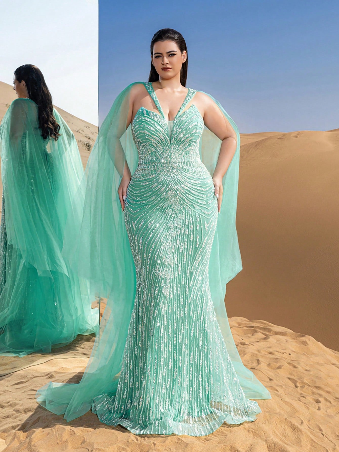 Plus Gorgeous Mermaid Hem Tulle Overlay Beaded Formal Dresses & Evening Gowns