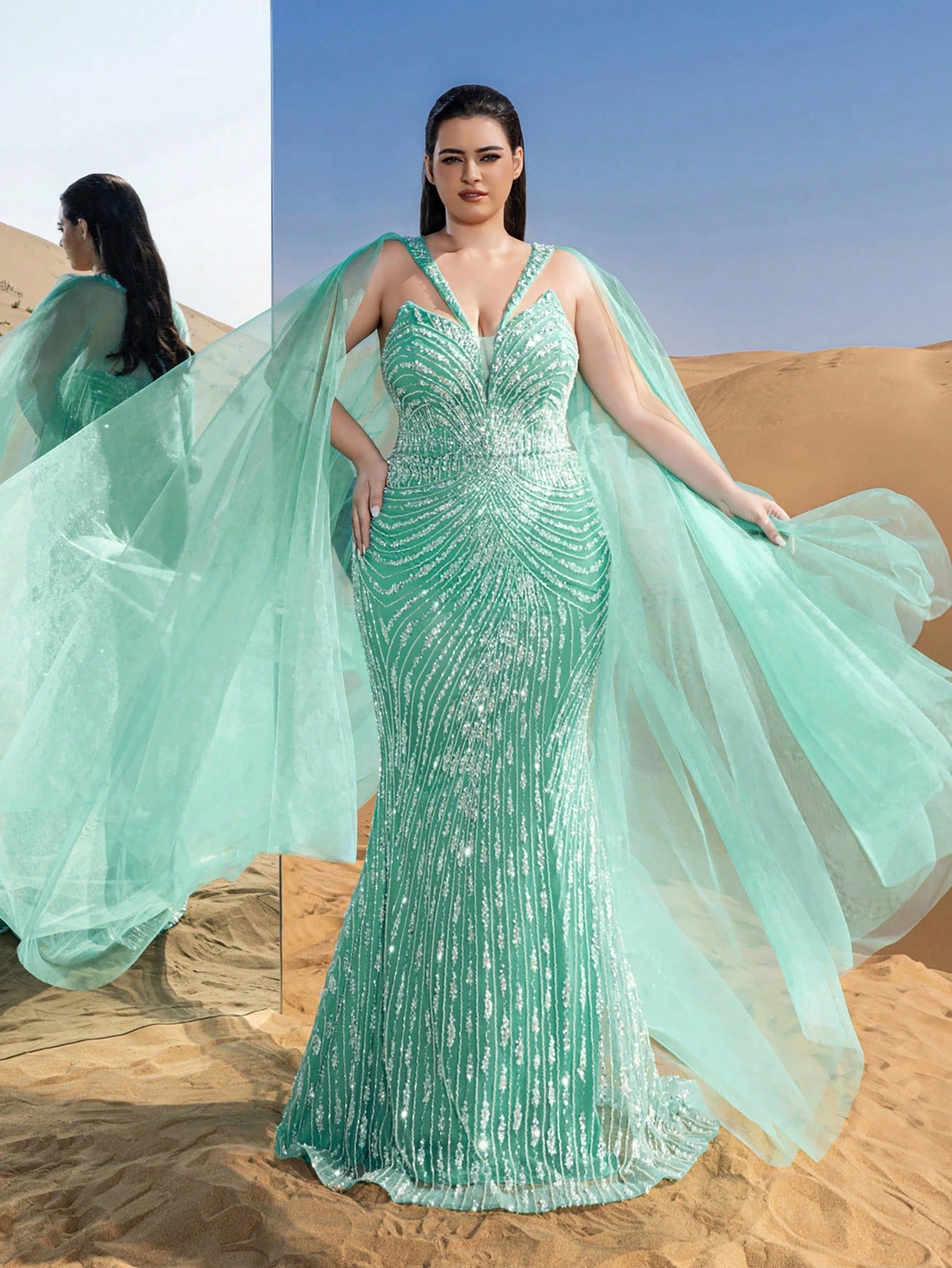 Plus Gorgeous Mermaid Hem Tulle Overlay Beaded Formal Dresses & Evening Gowns