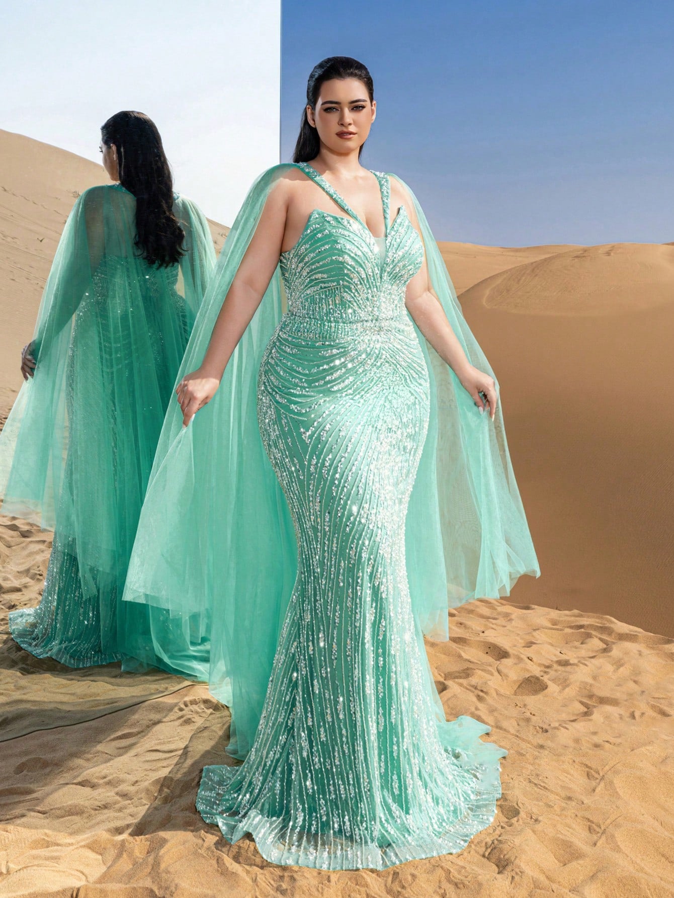 Plus Gorgeous Mermaid Hem Tulle Overlay Beaded Formal Dresses & Evening Gowns