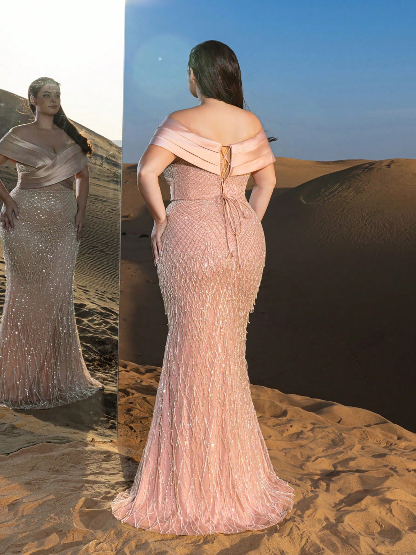 Plus Elegant Off Shoulder Mermaid Hem Beaded Evening Dress