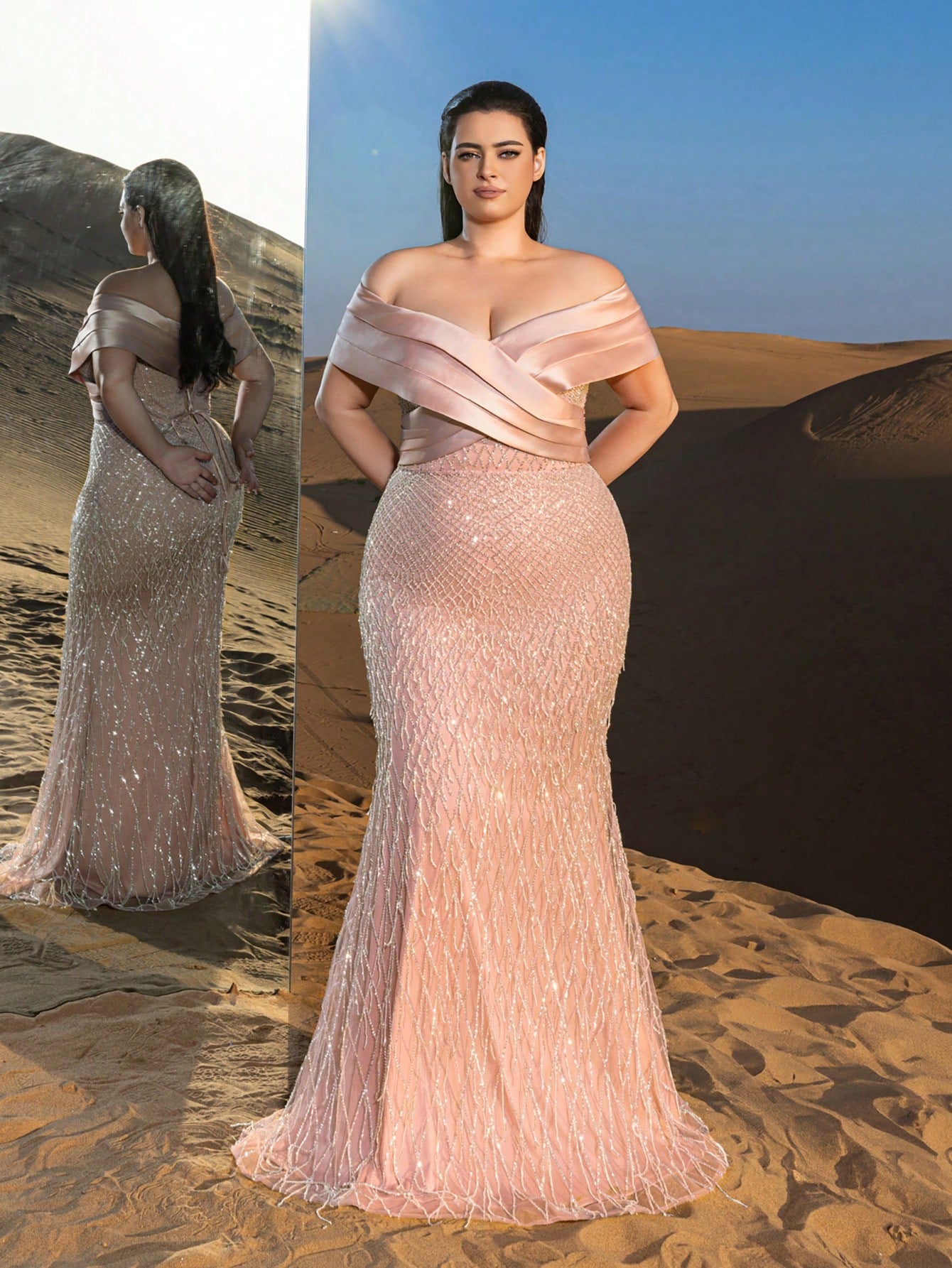 Plus Elegant Off Shoulder Mermaid Hem Beaded Evening Dress