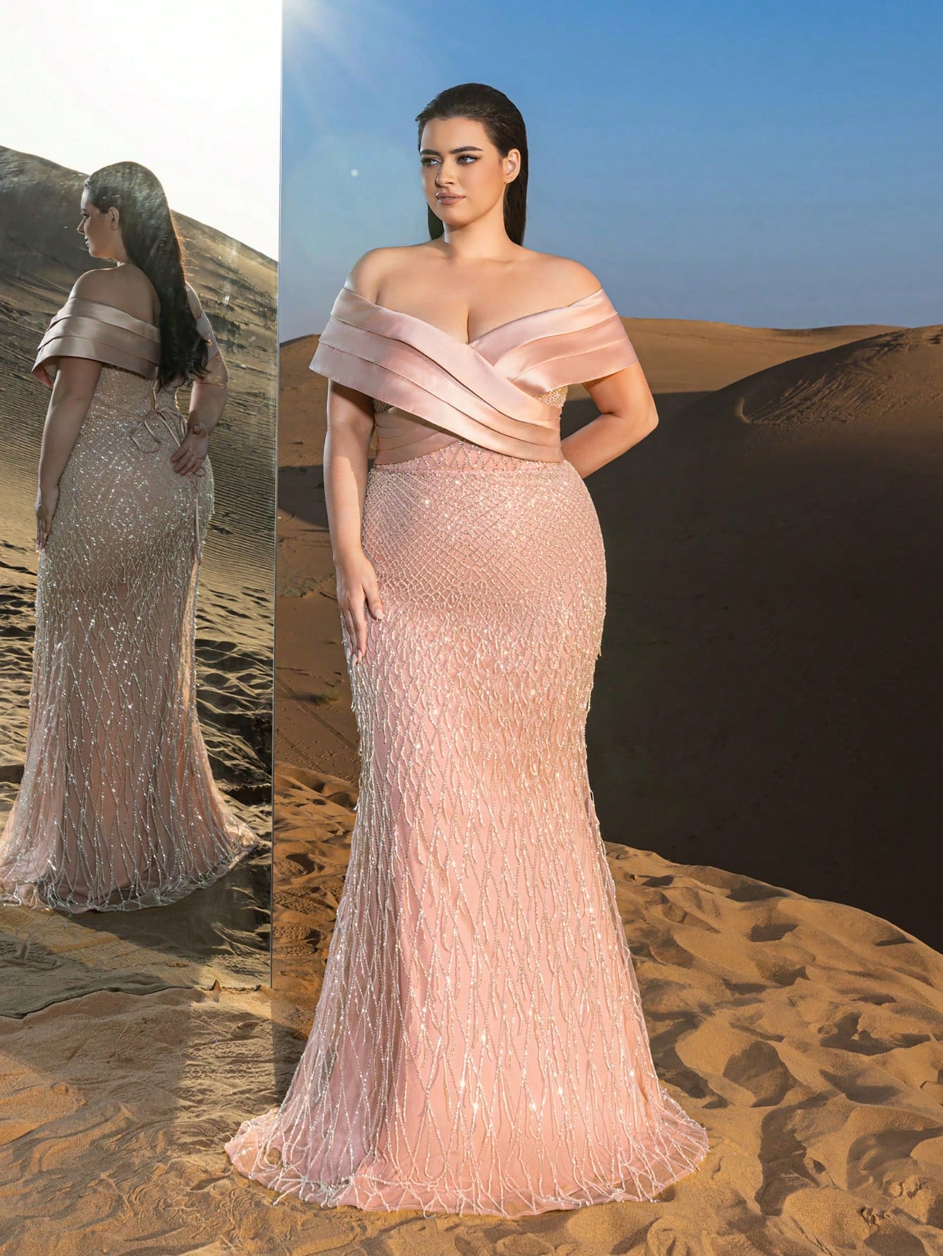 Plus Elegant Off Shoulder Mermaid Hem Beaded Evening Dress
