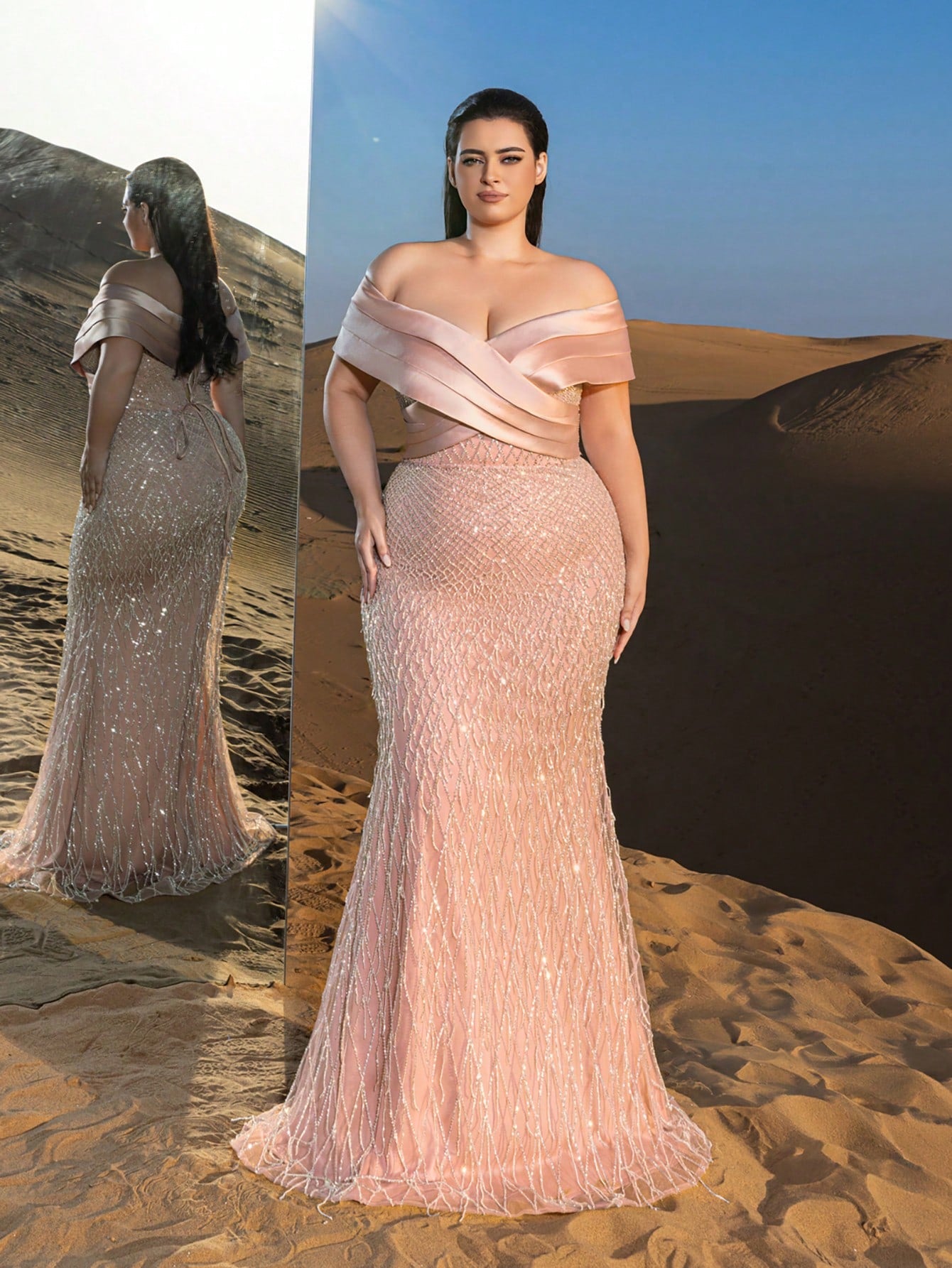 Plus Elegant Off Shoulder Mermaid Hem Beaded Evening Dress