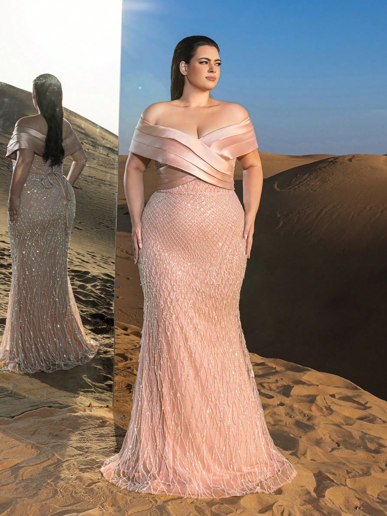 Plus Elegant Off Shoulder Mermaid Hem Beaded Evening Dress