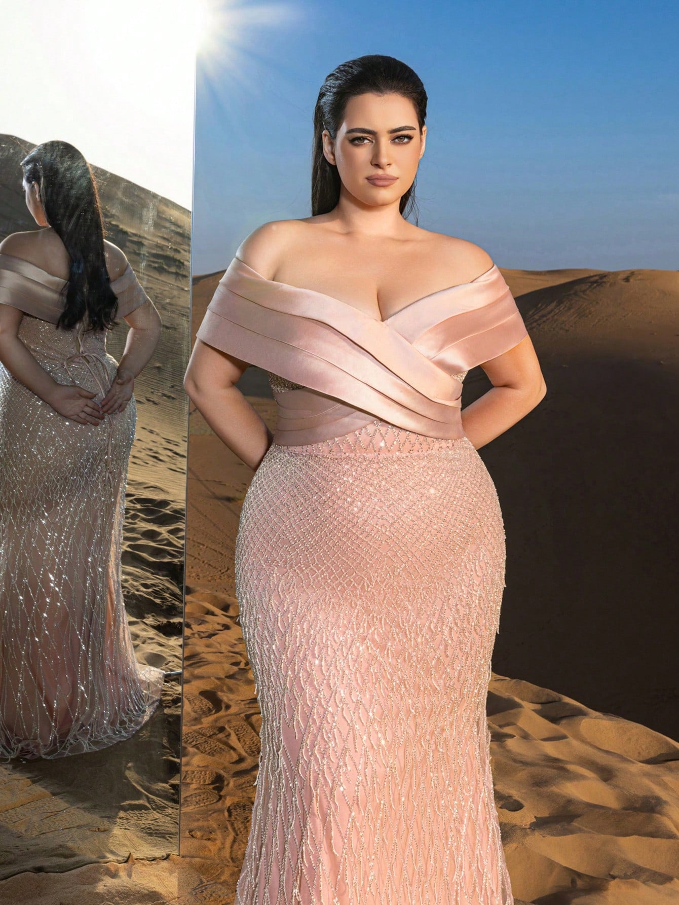 Plus Elegant Off Shoulder Mermaid Hem Beaded Evening Dress