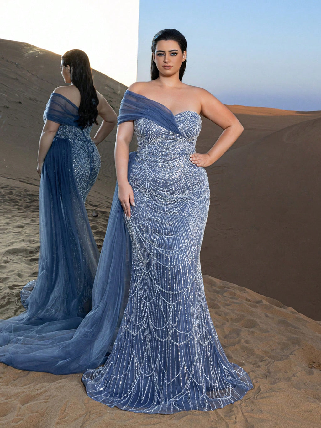 Plus Luxury One-Shoulder Tulle Overlay Beaded Gowns Formal Dresses & Evening Gowns