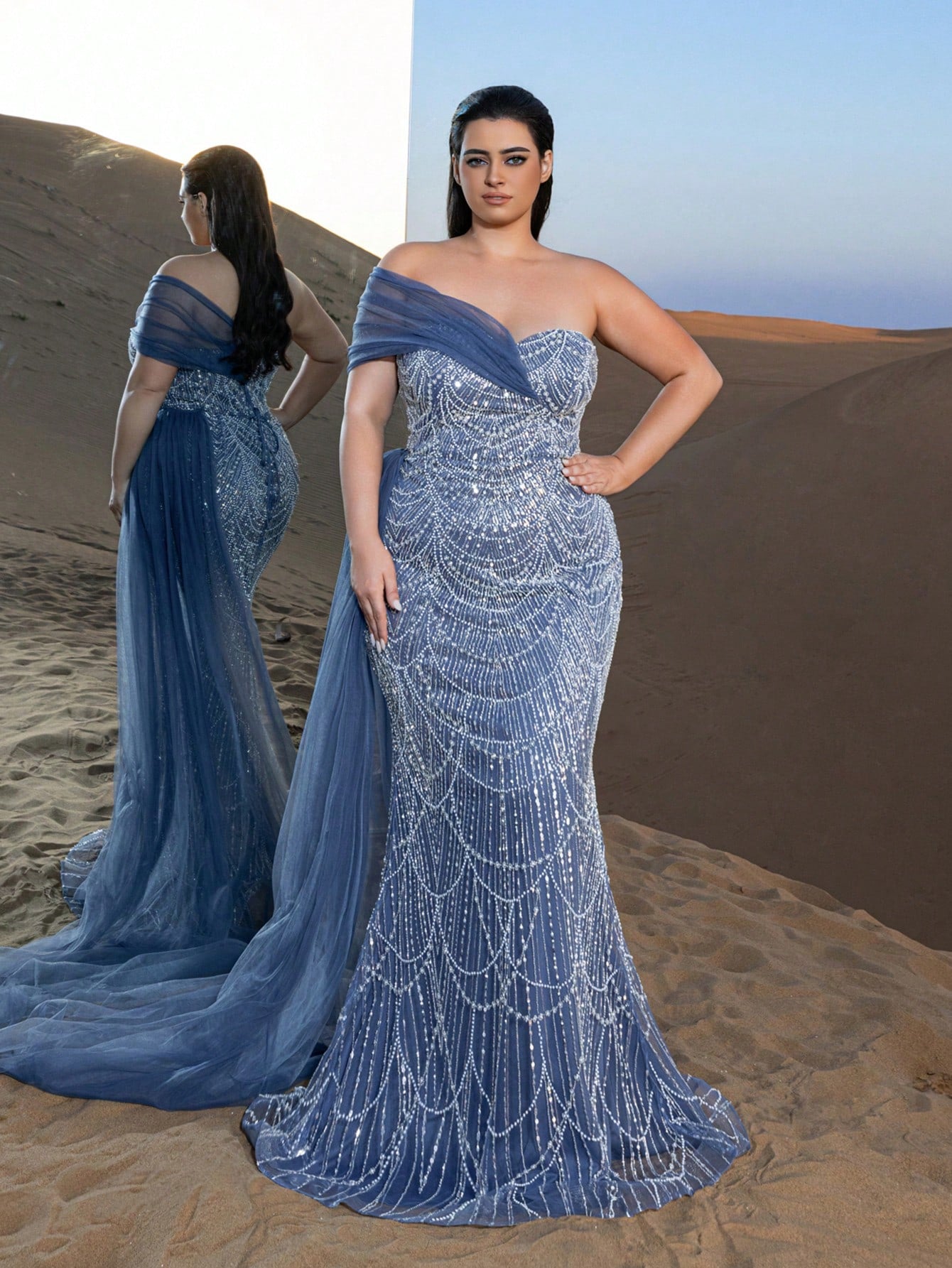 Plus Luxury One-Shoulder Tulle Overlay Beaded Gowns Formal Dresses & Evening Gowns