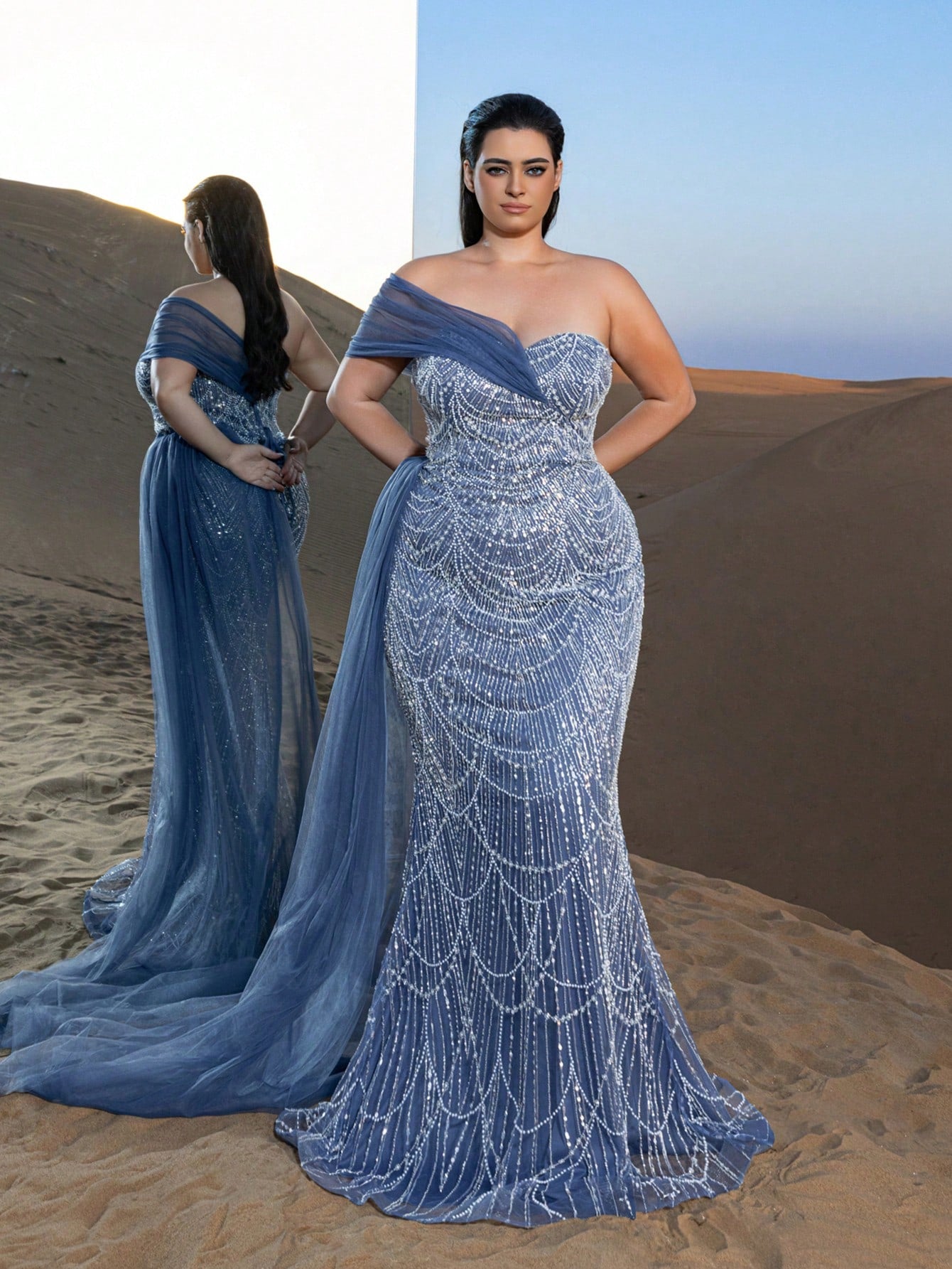 Plus Luxury One-Shoulder Tulle Overlay Beaded Gowns Formal Dresses & Evening Gowns