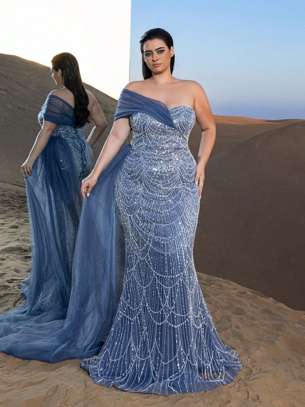 Plus Luxury One-Shoulder Tulle Overlay Beaded Gowns Formal Dresses & Evening Gowns