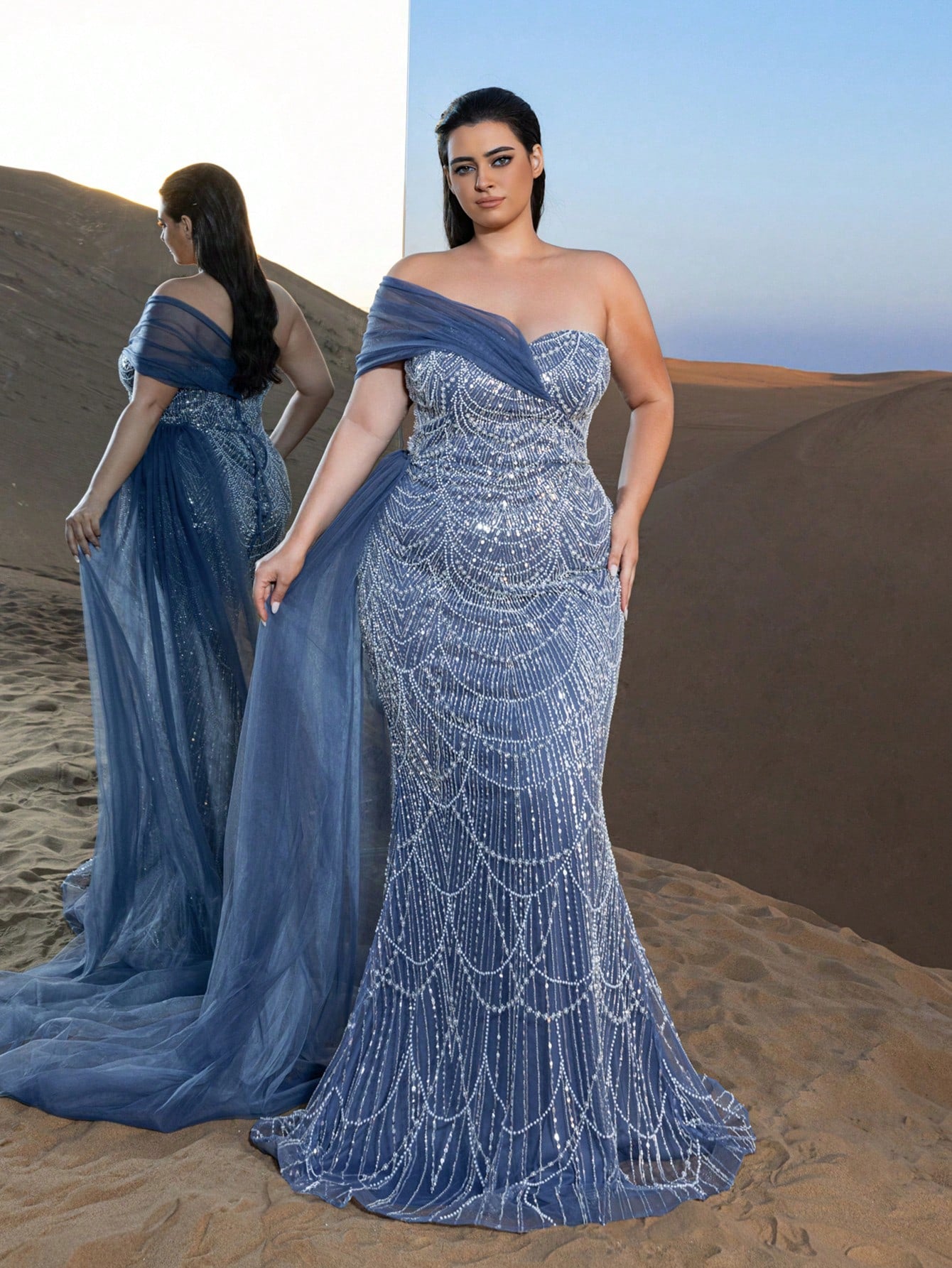 Plus Luxury One-Shoulder Tulle Overlay Beaded Gowns Formal Dresses & Evening Gowns