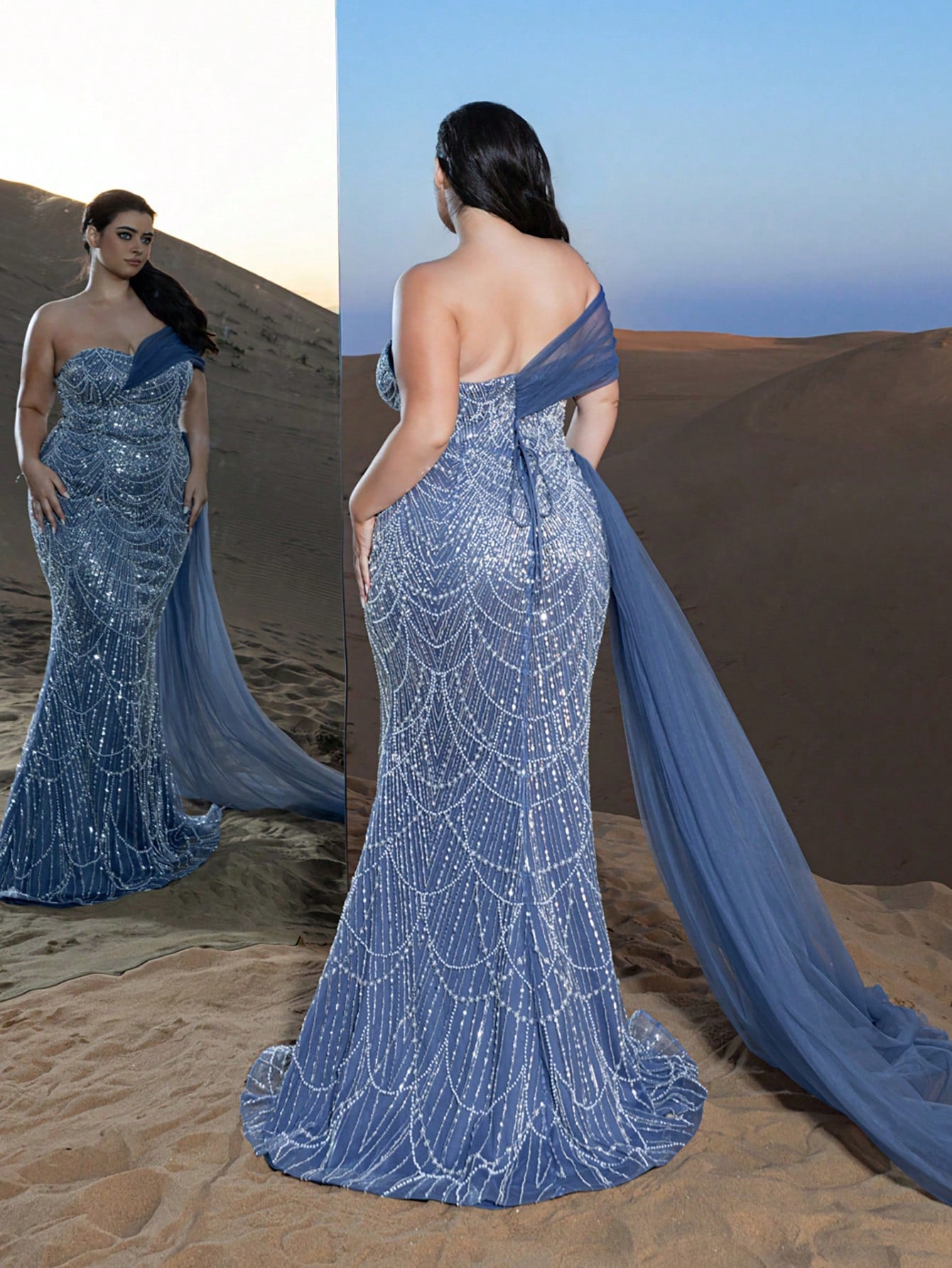 Plus Luxury One-Shoulder Tulle Overlay Beaded Gowns Formal Dresses & Evening Gowns