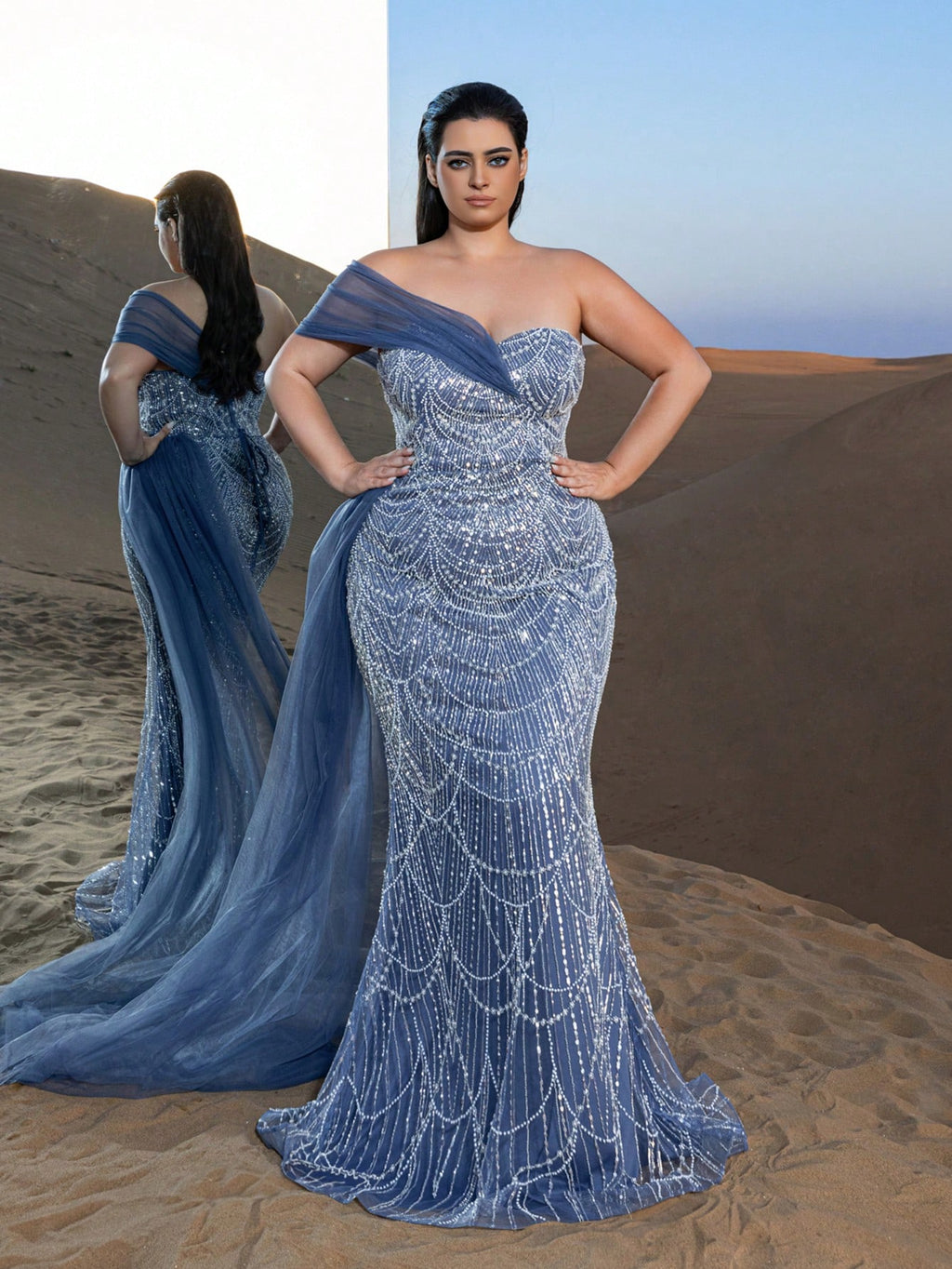 Plus Luxury One-Shoulder Tulle Overlay Beaded Gowns Formal Dresses & Evening Gowns