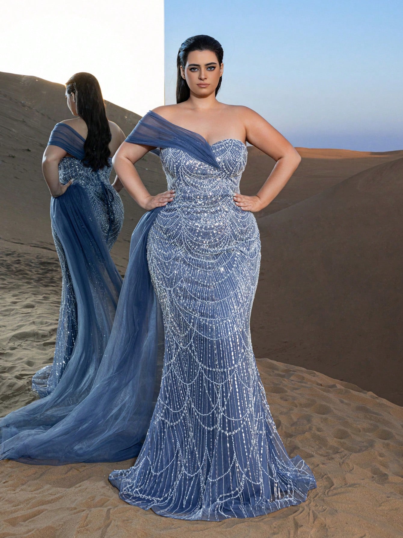 Plus Luxury One-Shoulder Tulle Overlay Beaded Gowns Formal Dresses & Evening Gowns
