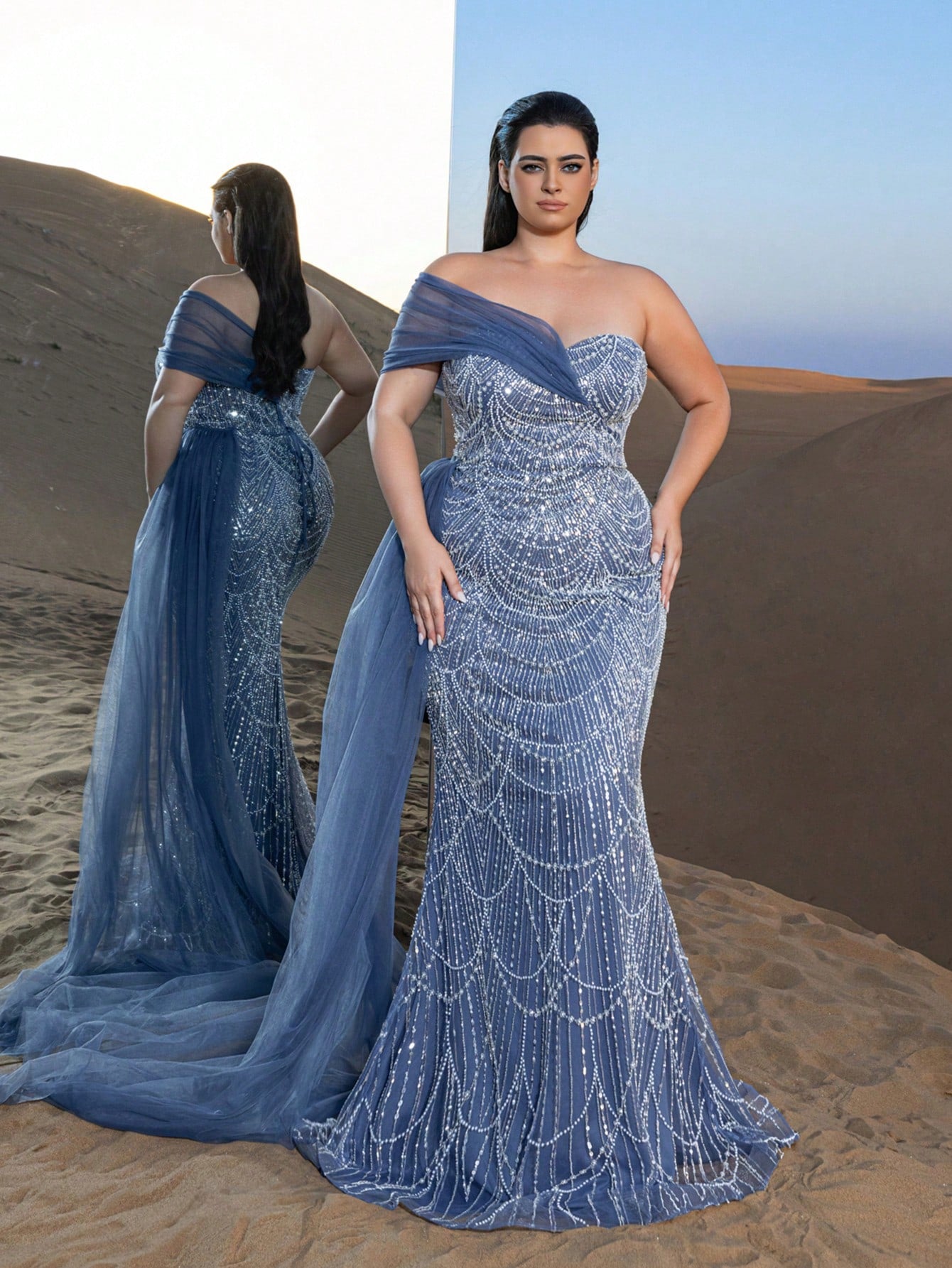 Plus Luxury One-Shoulder Tulle Overlay Beaded Gowns Formal Dresses & Evening Gowns