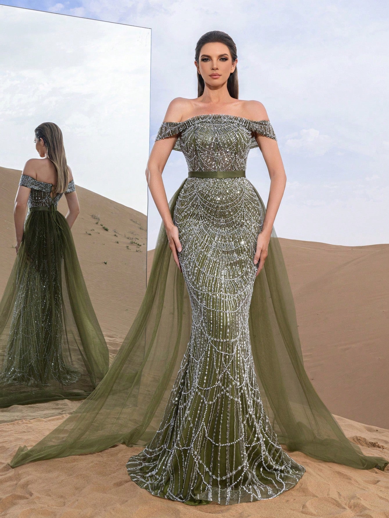 Luxury Off Shoulder Tulle Overlay Mermaid Hem Beaded Sequin Evening Dress