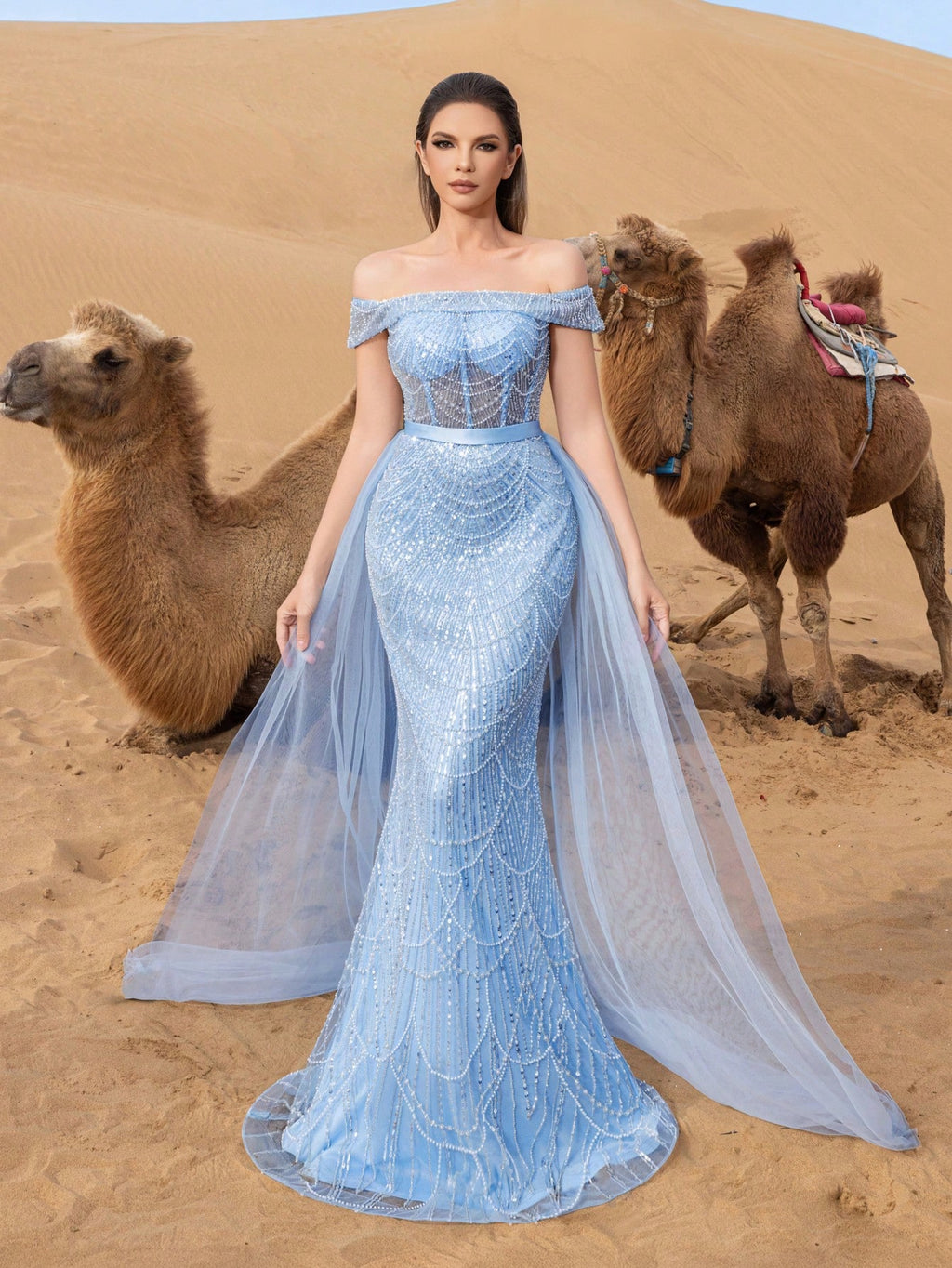 Luxury Off Shoulder Tulle Overlay Mermaid Hem Beaded Sequin Evening Dress