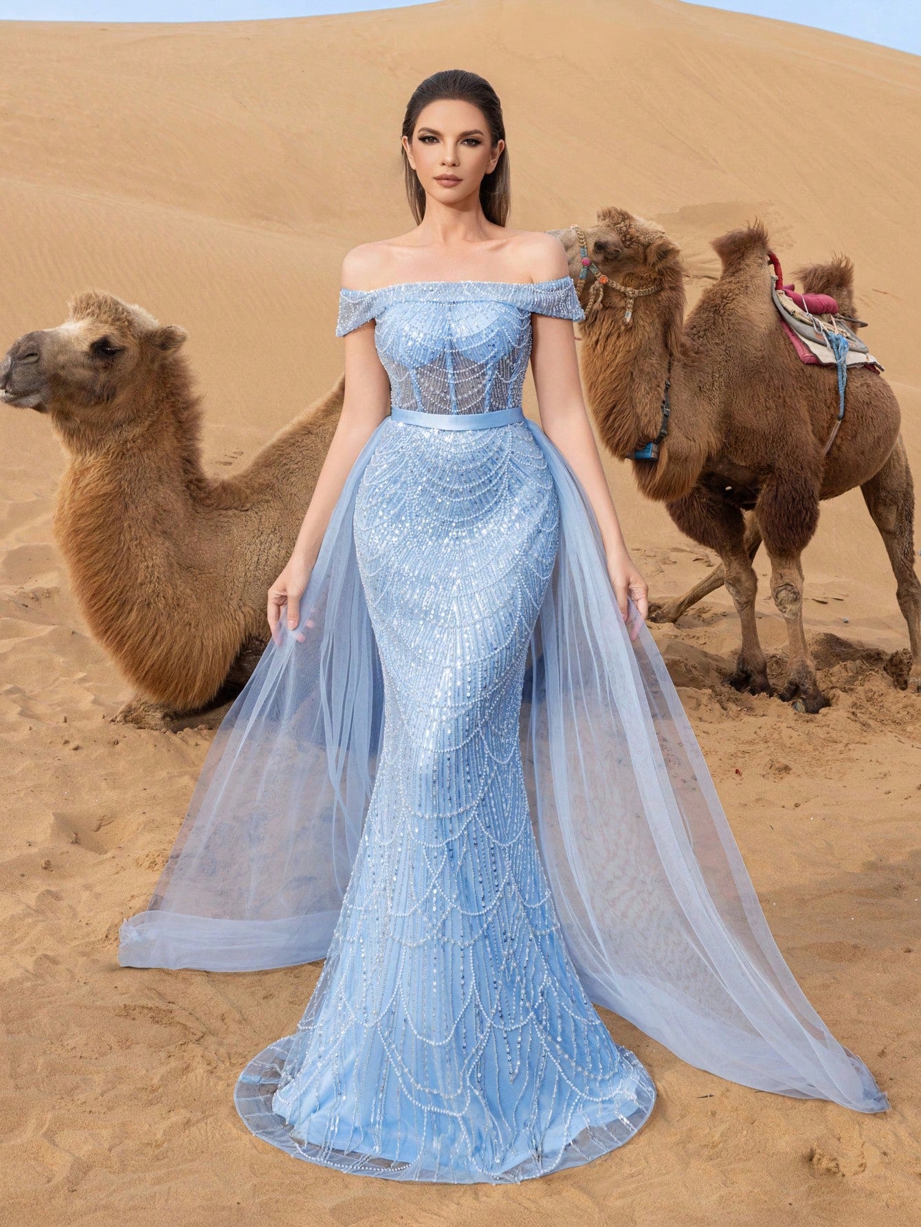 Luxury Off Shoulder Tulle Overlay Mermaid Hem Beaded Sequin Evening Dress