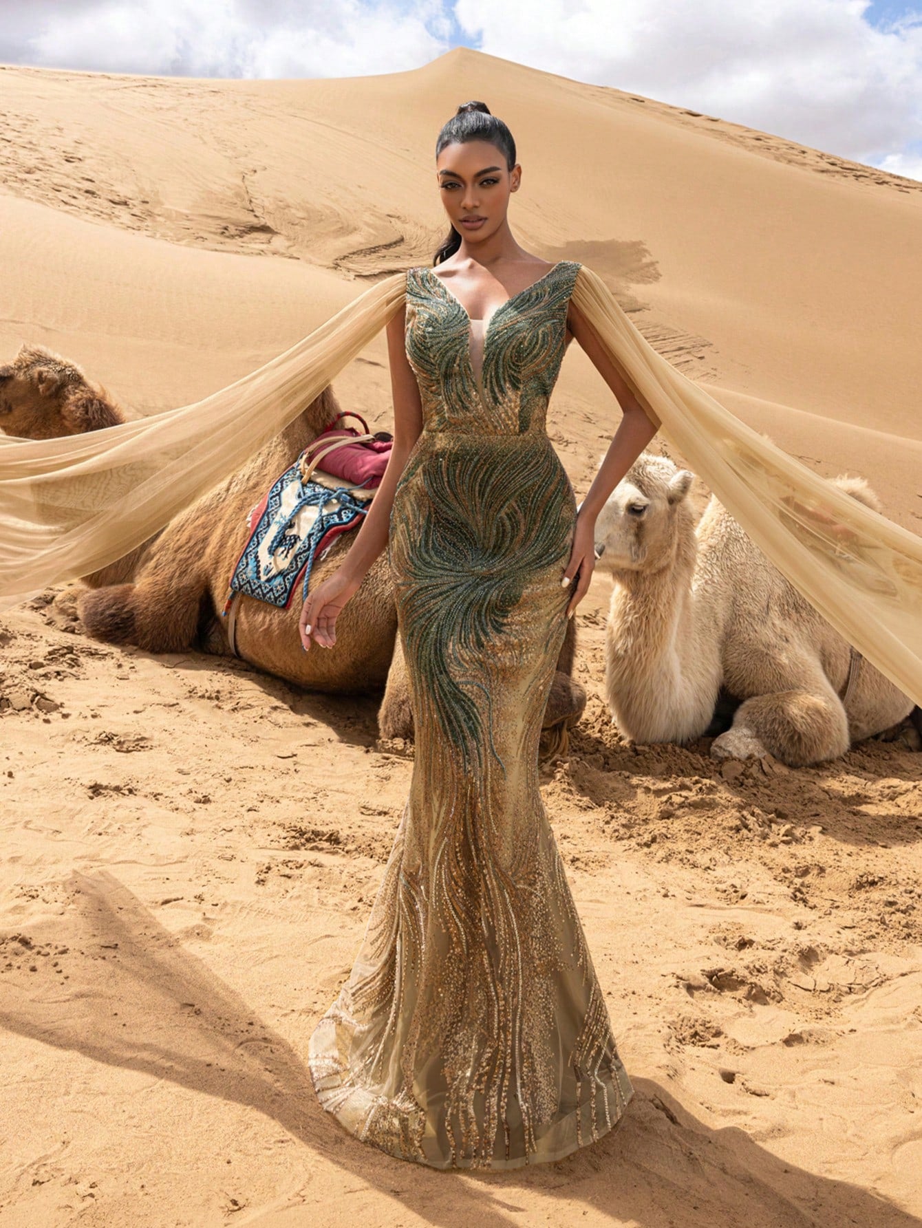 Gorgeous Plunging Neck Cape Sleeves Mermaid Hem Floral Beaded Formal Dresses & Evening Gowns