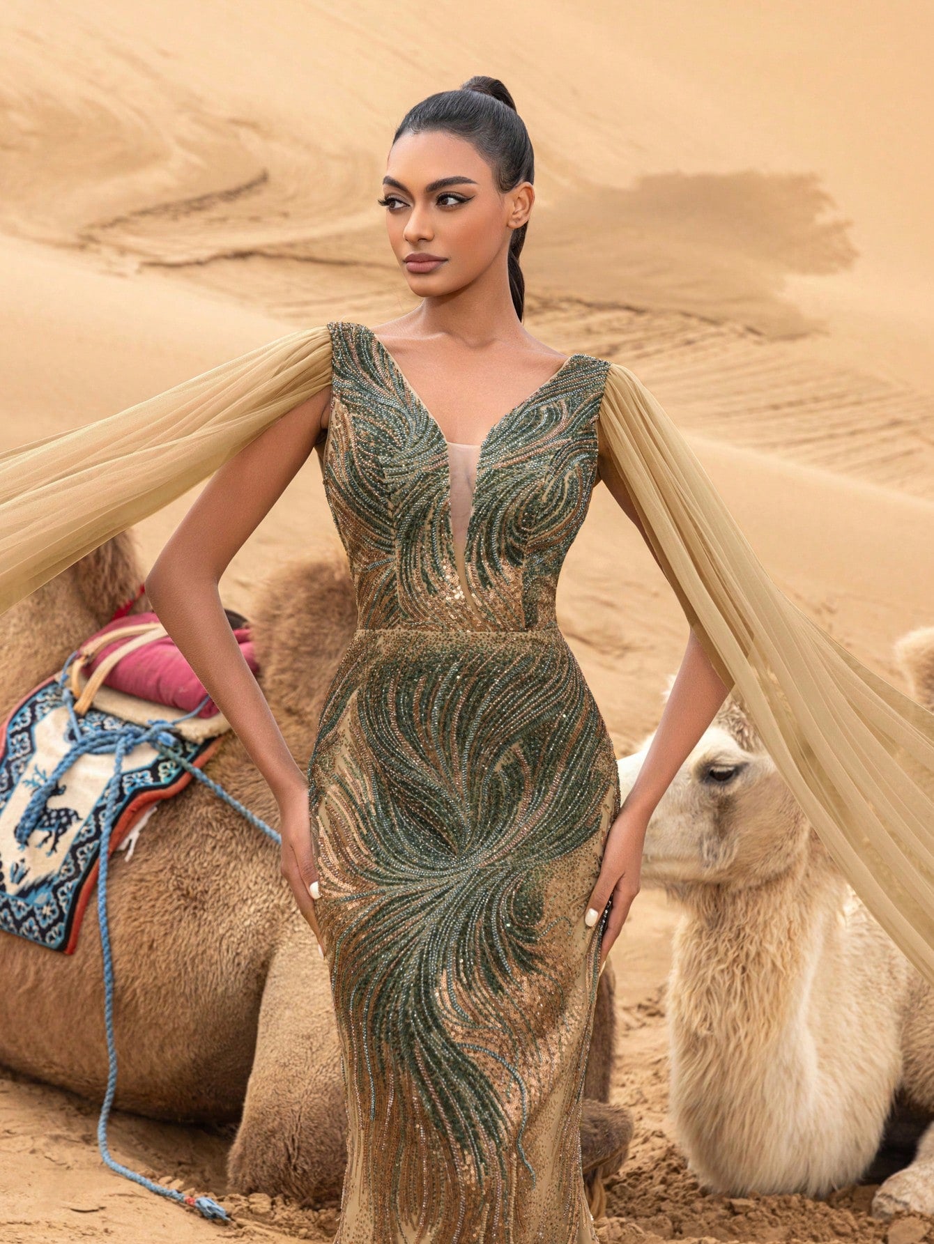 Gorgeous Plunging Neck Cape Sleeves Mermaid Hem Floral Beaded Formal Dresses & Evening Gowns