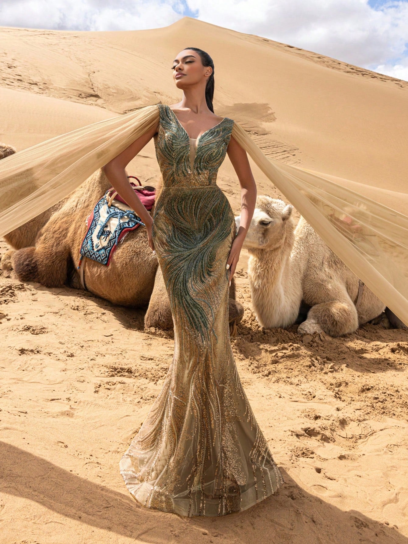 Gorgeous Plunging Neck Cape Sleeves Mermaid Hem Floral Beaded Formal Dresses & Evening Gowns