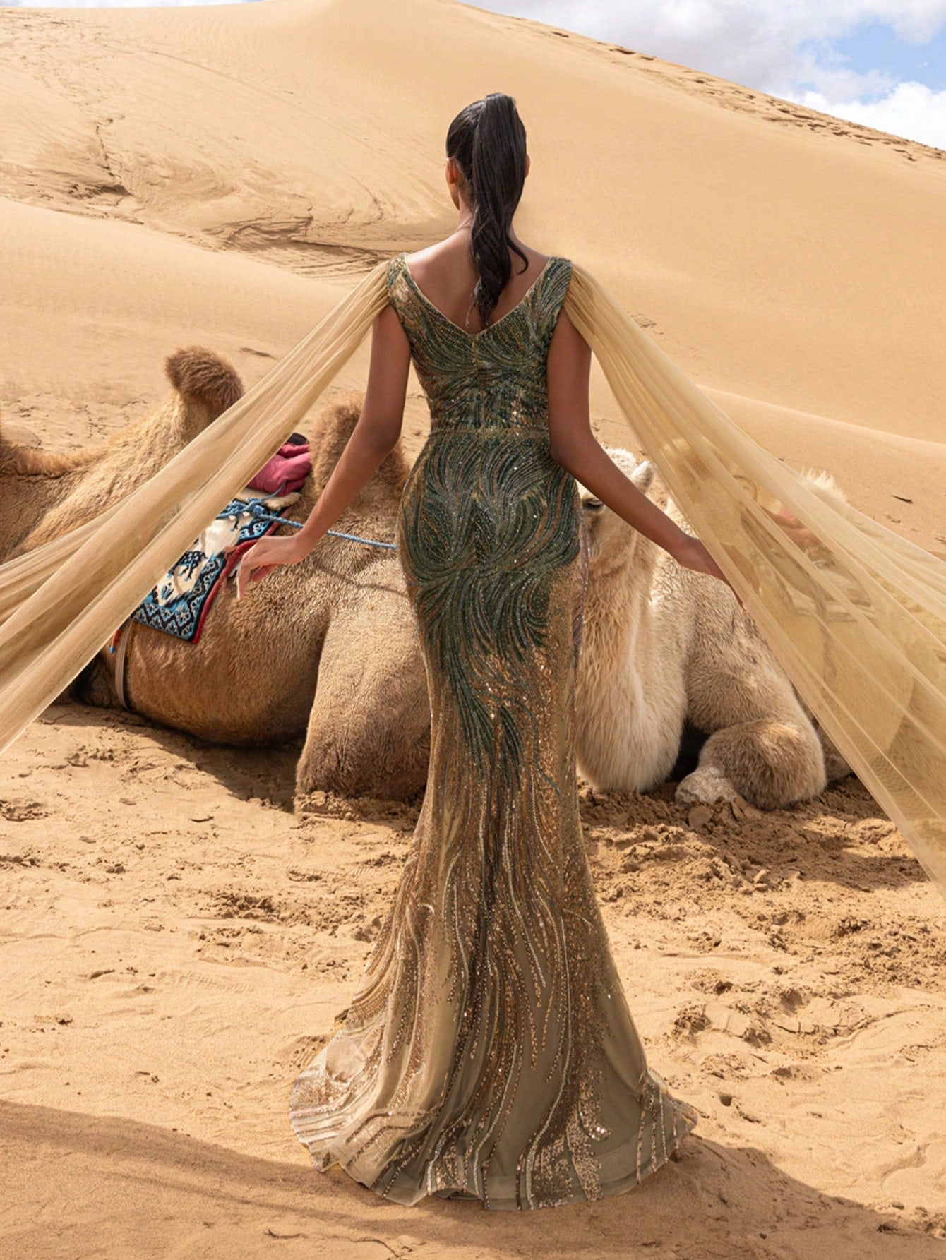 Gorgeous Plunging Neck Cape Sleeves Mermaid Hem Floral Beaded Formal Dresses & Evening Gowns