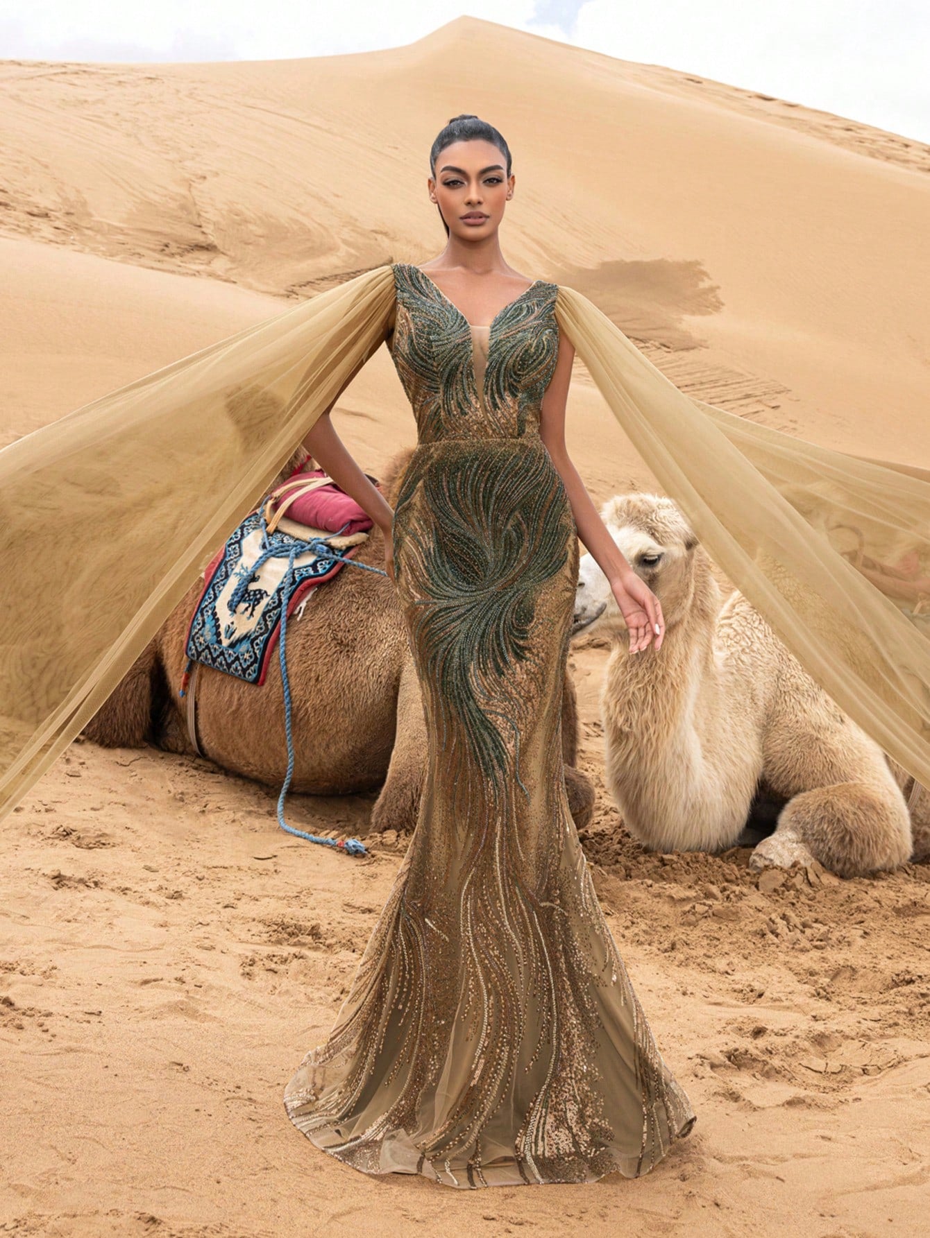 Gorgeous Plunging Neck Cape Sleeves Mermaid Hem Floral Beaded Formal Dresses & Evening Gowns