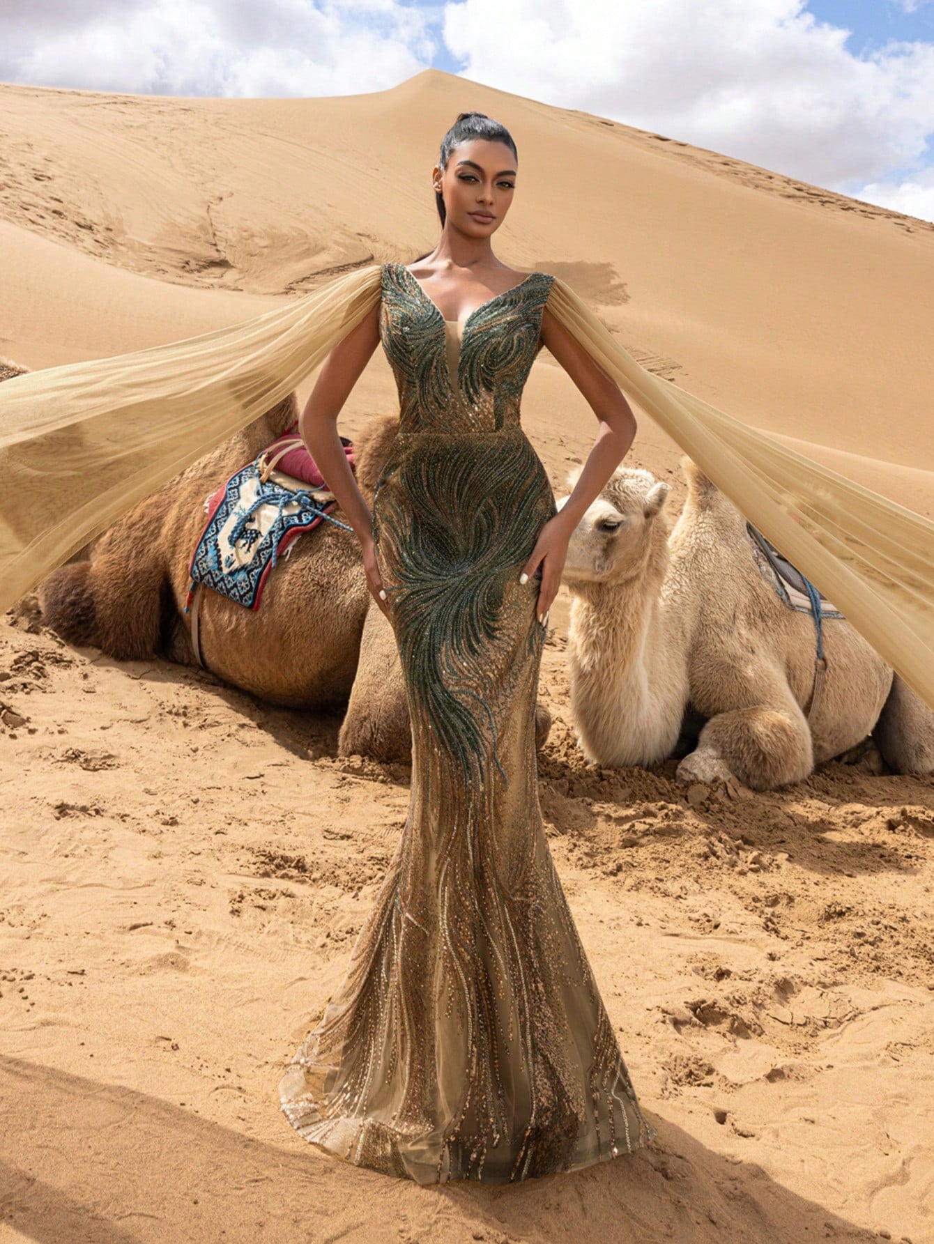 Gorgeous Plunging Neck Cape Sleeves Mermaid Hem Floral Beaded Formal Dresses & Evening Gowns