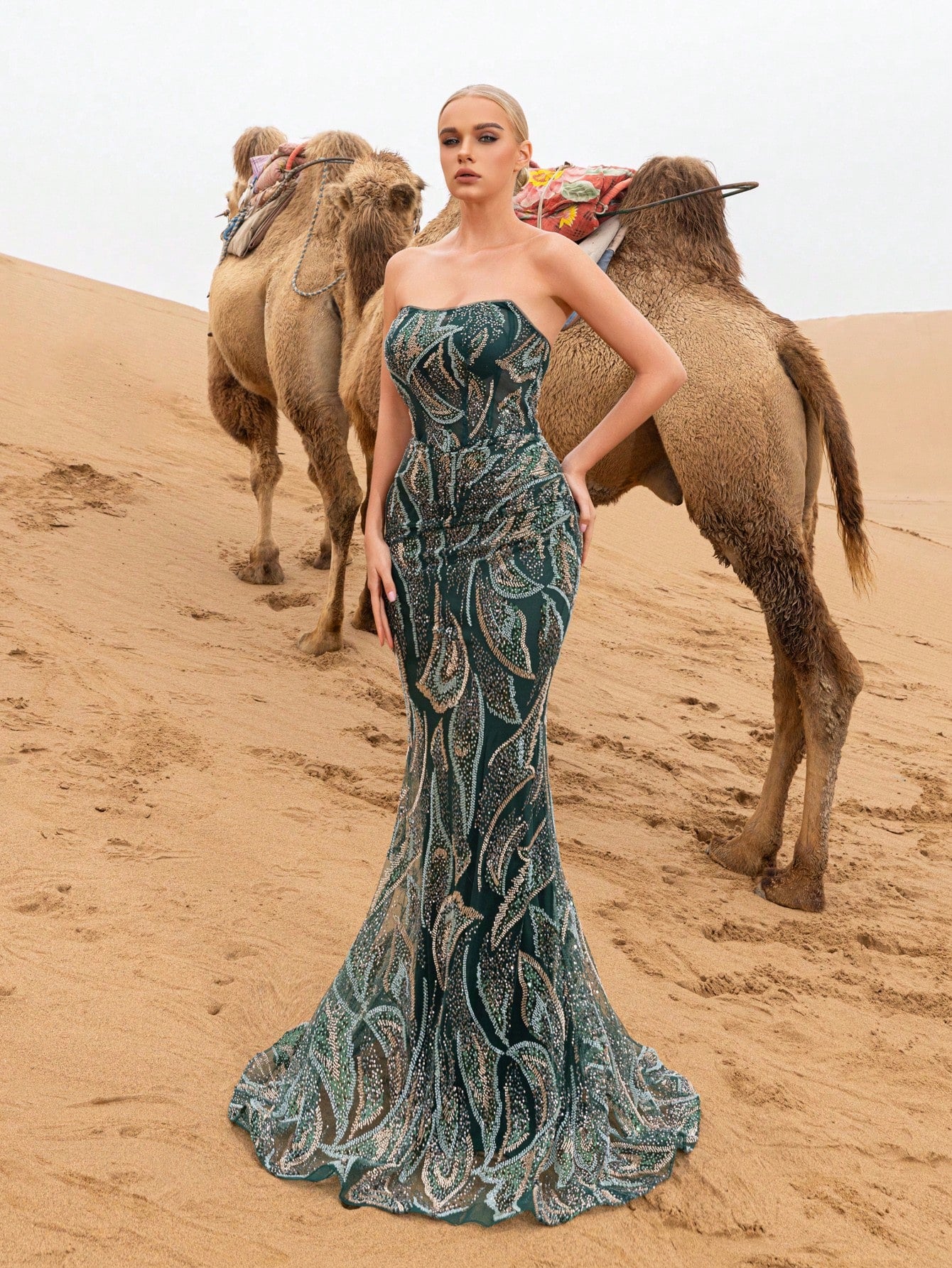 Elegant Strapless Lace-up Back Mermaid Hem Beaded Formal Dresses & Evening Gowns