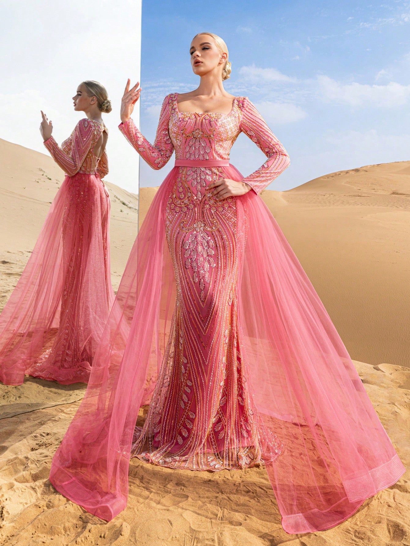 Luxury Square Neck Mesh Overlay Mermaid Hem Graphic Beaded Formal Dresses & Evening Gowns