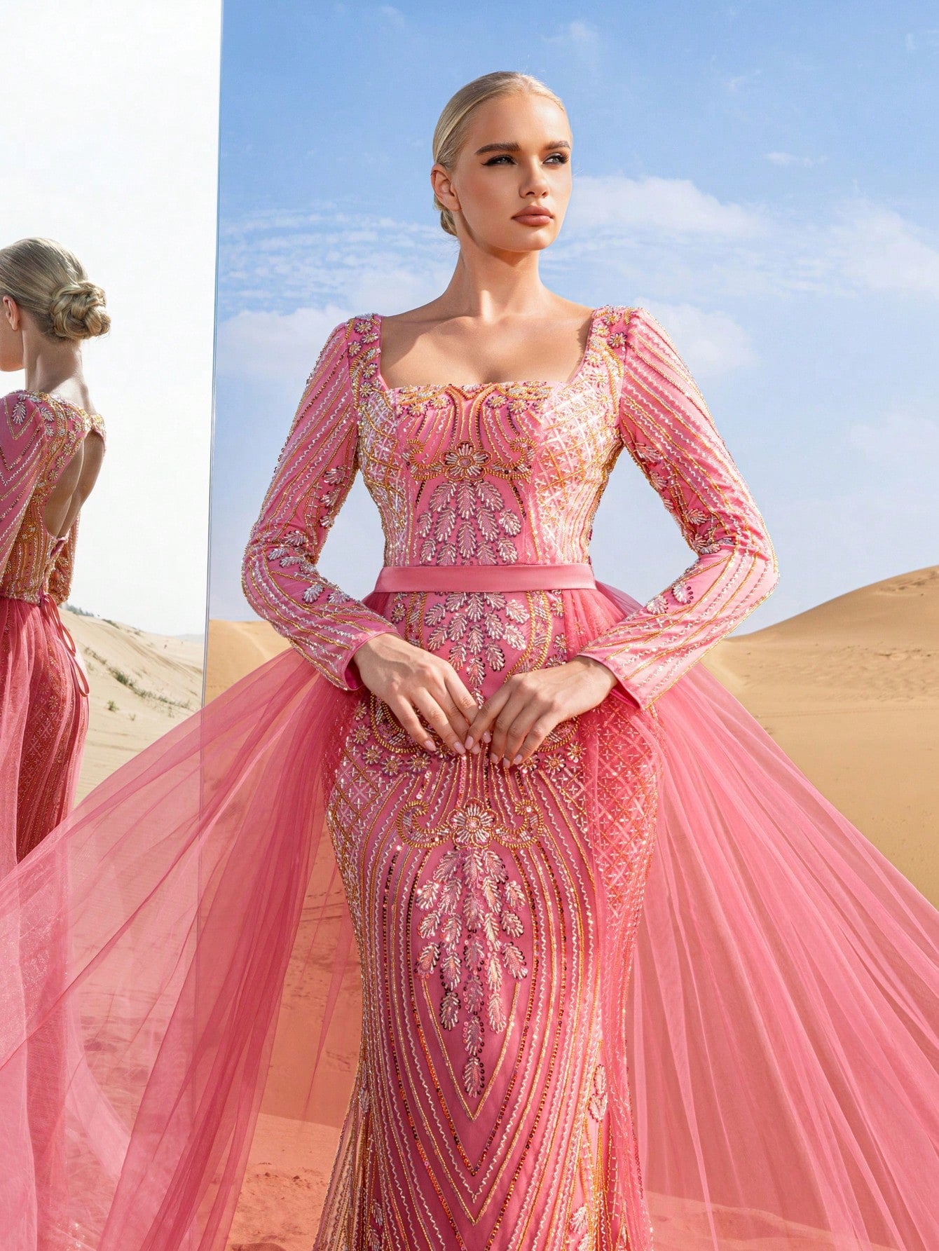 Luxury Square Neck Mesh Overlay Mermaid Hem Graphic Beaded Formal Dresses & Evening Gowns
