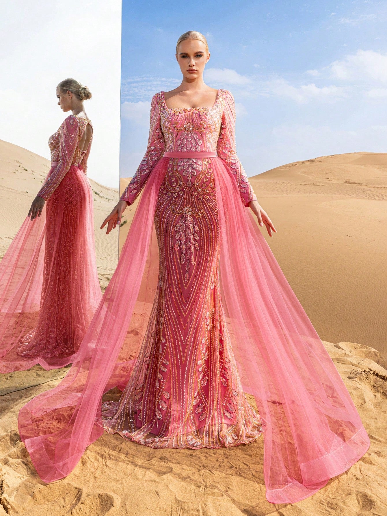 Luxury Square Neck Mesh Overlay Mermaid Hem Graphic Beaded Formal Dresses & Evening Gowns